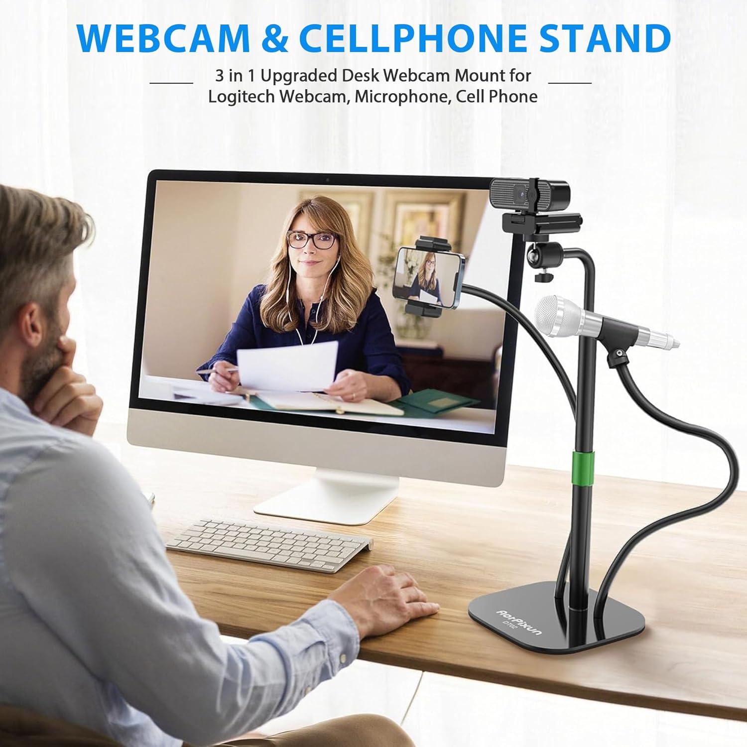 Webcam Stand for Desk 3 in 1 Flexible Webcam Mount Computer Camera Stand Desktop Microphone Stand with Phone Clip for Logitech Webcam Series, Ring Light, Phone, Mic and 1/4" Screw Device