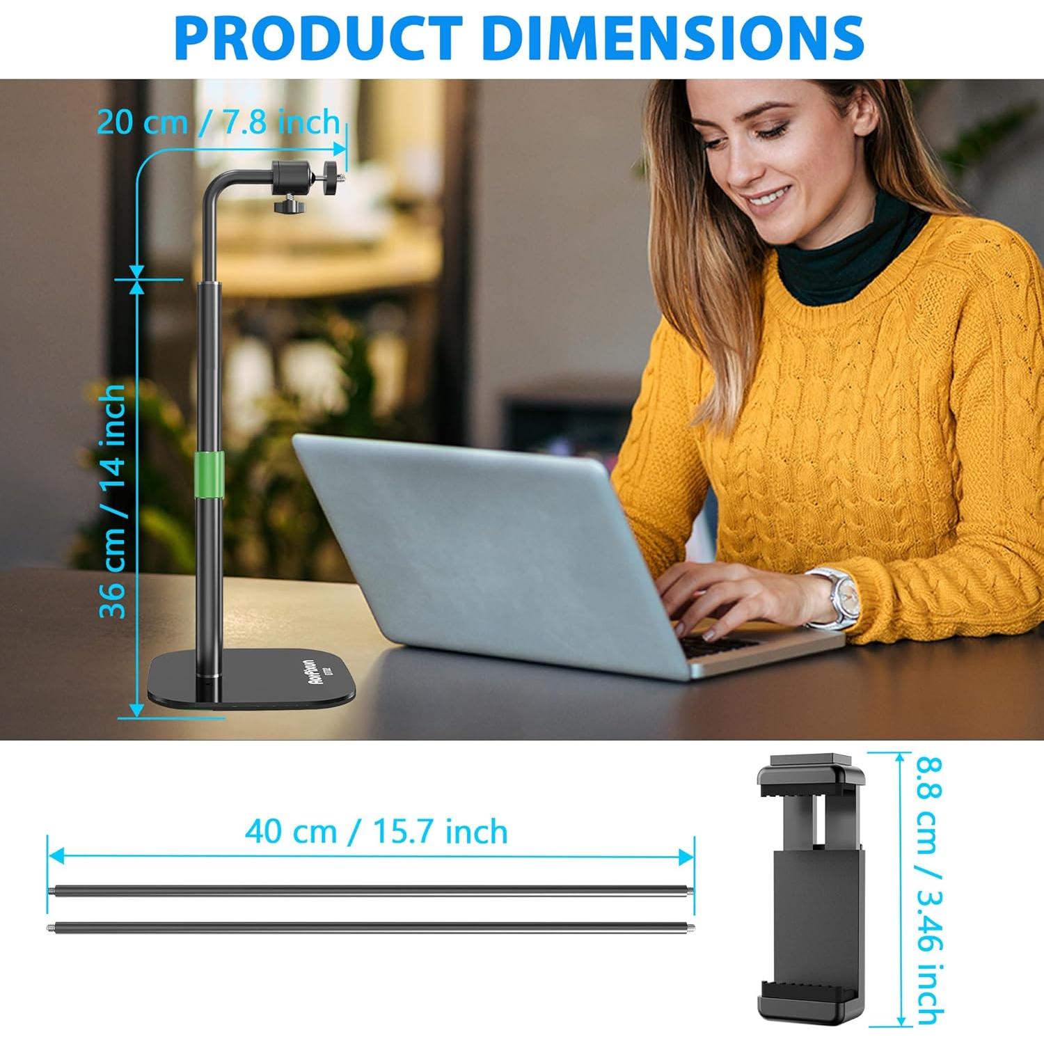 Webcam Stand for Desk 3 in 1 Flexible Webcam Mount Computer Camera Stand Desktop Microphone Stand with Phone Clip for Logitech Webcam Series, Ring Light, Phone, Mic and 1/4" Screw Device