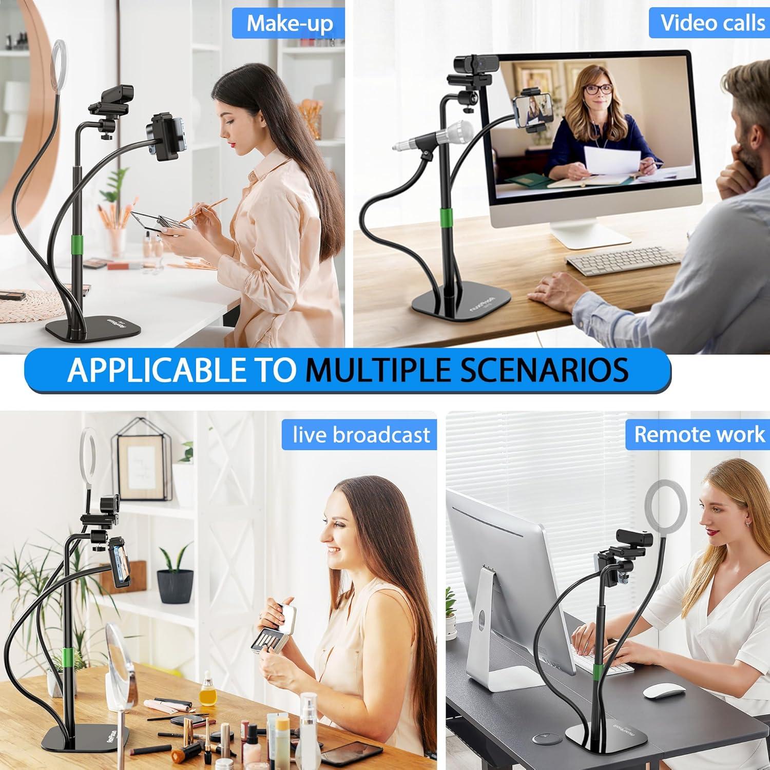 Webcam Stand for Desk 3 in 1 Flexible Webcam Mount Computer Camera Stand Desktop Microphone Stand with Phone Clip for Logitech Webcam Series, Ring Light, Phone, Mic and 1/4" Screw Device