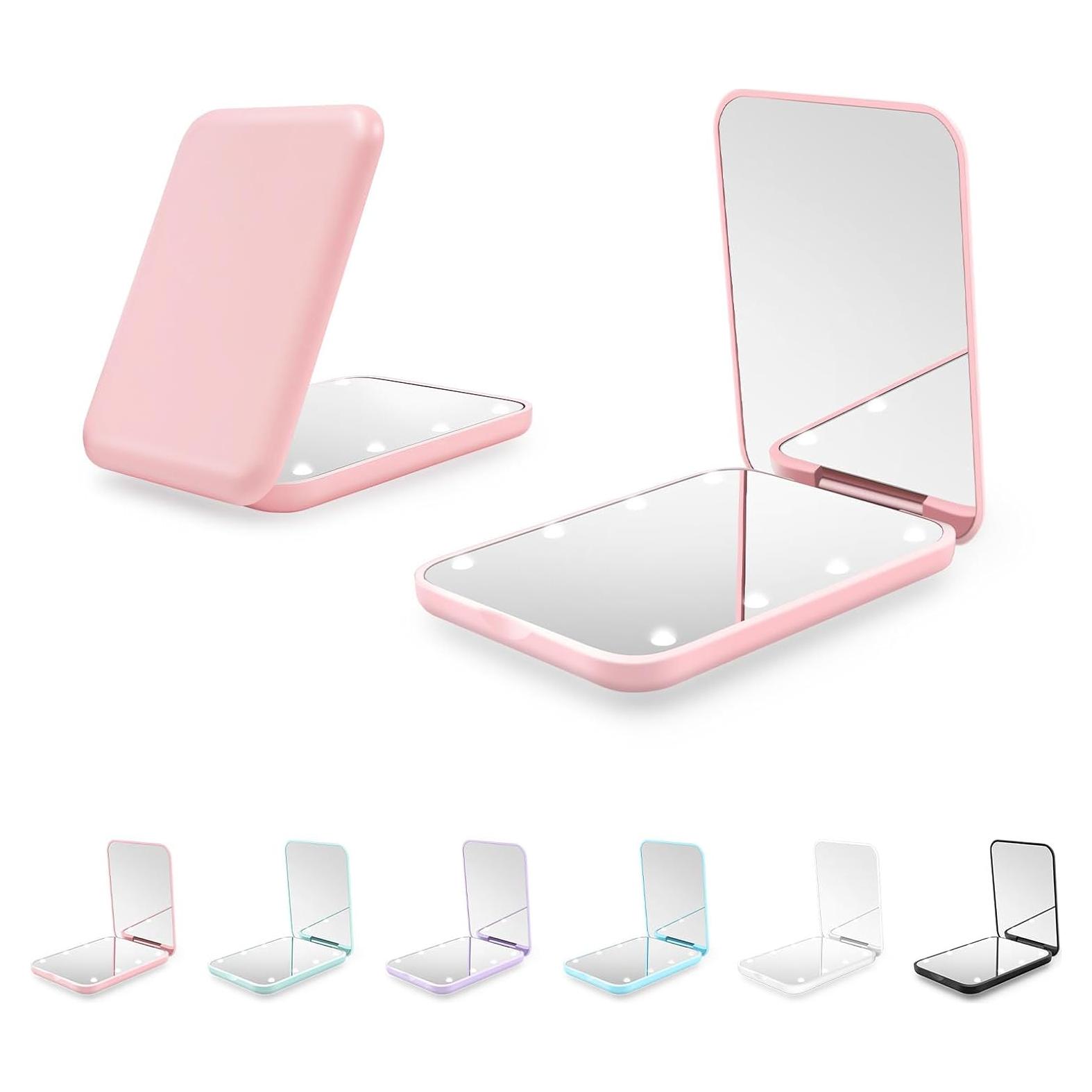 Espejo Compacto Kakuje Rosa con Luz LED 1X/3X para Viaje