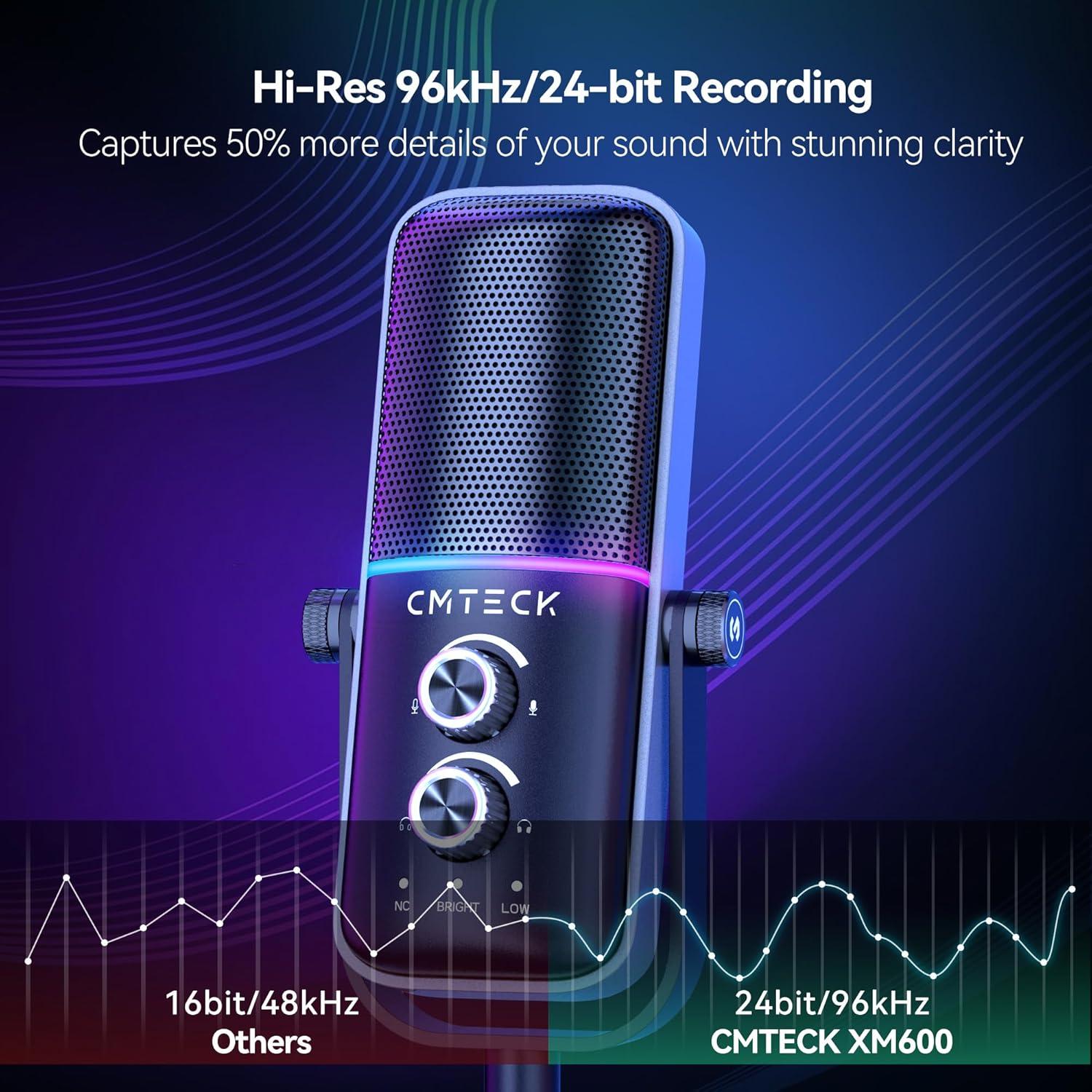 CMTECK Gaming Microphone Set, Dynamic PC Mic, Computer RGB Mic Kit with Boom Arm Stand, Mute Button, Gain Knob, Headphones Jack, Three Sound Mode, Perfect for Recording, Streaming