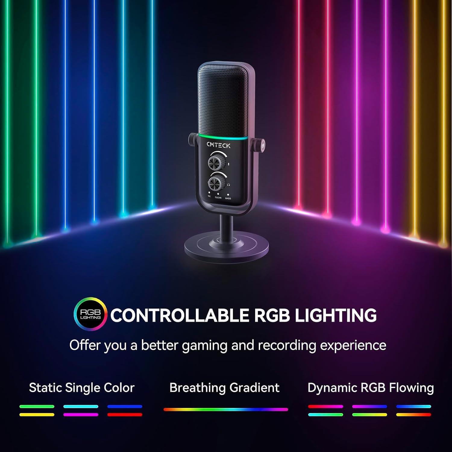 CMTECK Gaming Microphone Set, Dynamic PC Mic, Computer RGB Mic Kit with Boom Arm Stand, Mute Button, Gain Knob, Headphones Jack, Three Sound Mode, Perfect for Recording, Streaming