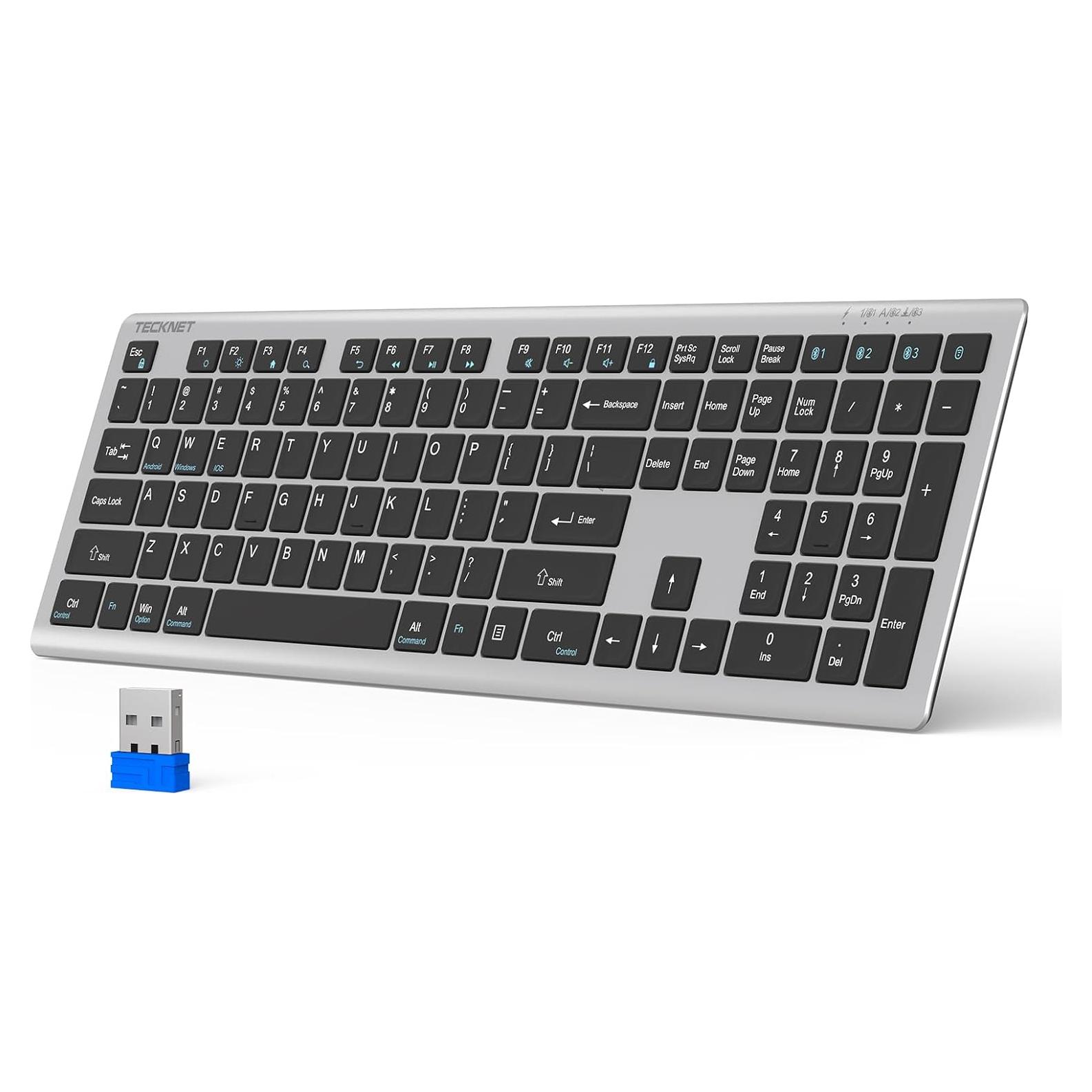 TECKNET Bluetooth Keyboard Rechargeable, 4-Device Free Switching (2.4G+BT), Ultra-Slim Full Size Wireless Keyboard, Quiet Typing, for PC/Laptop/Smart TV/Phone, Adjustable Stand, 12 Multimedia Keys