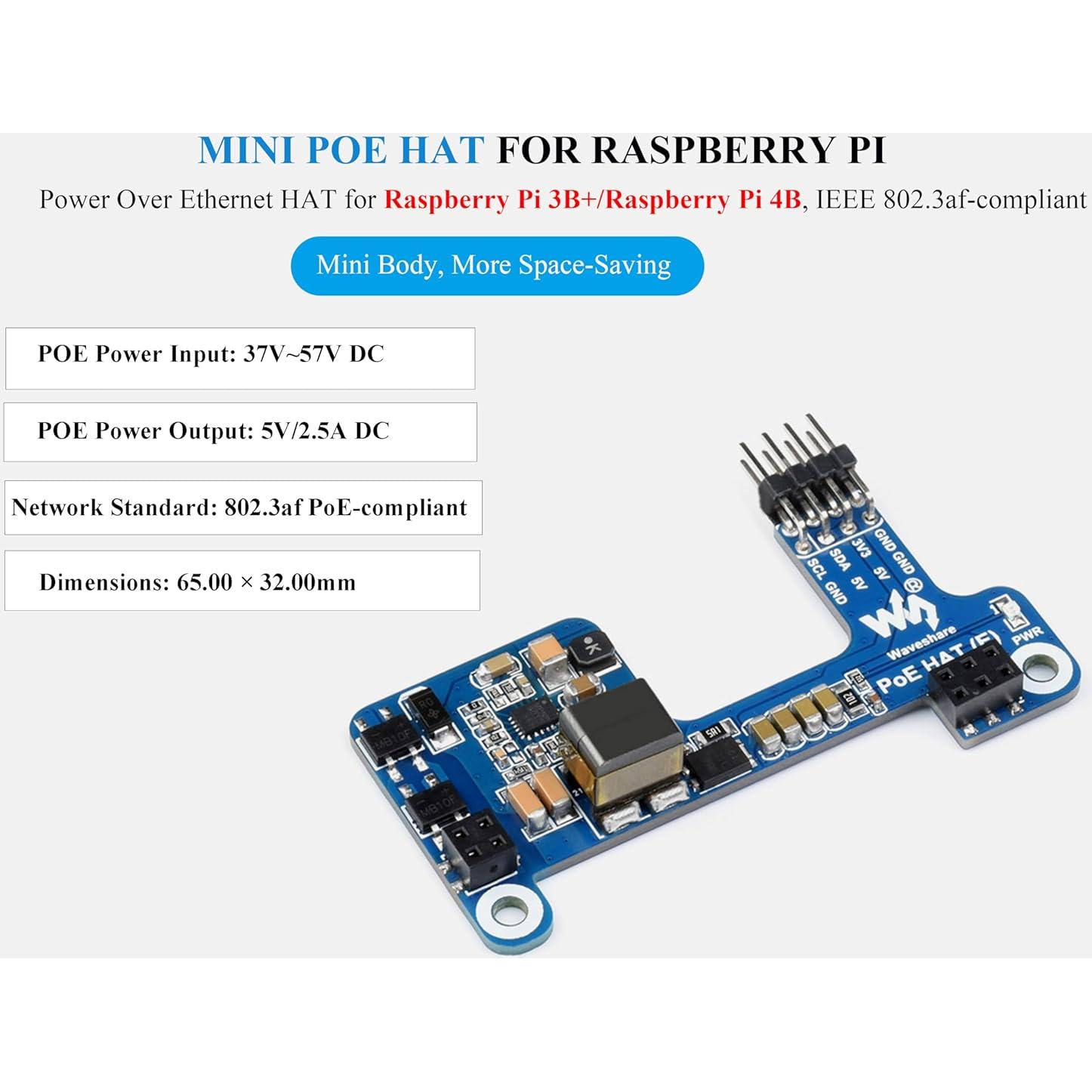 HAT PoE E Waveshare para Raspberry Pi 4B/3B+ 802.3af