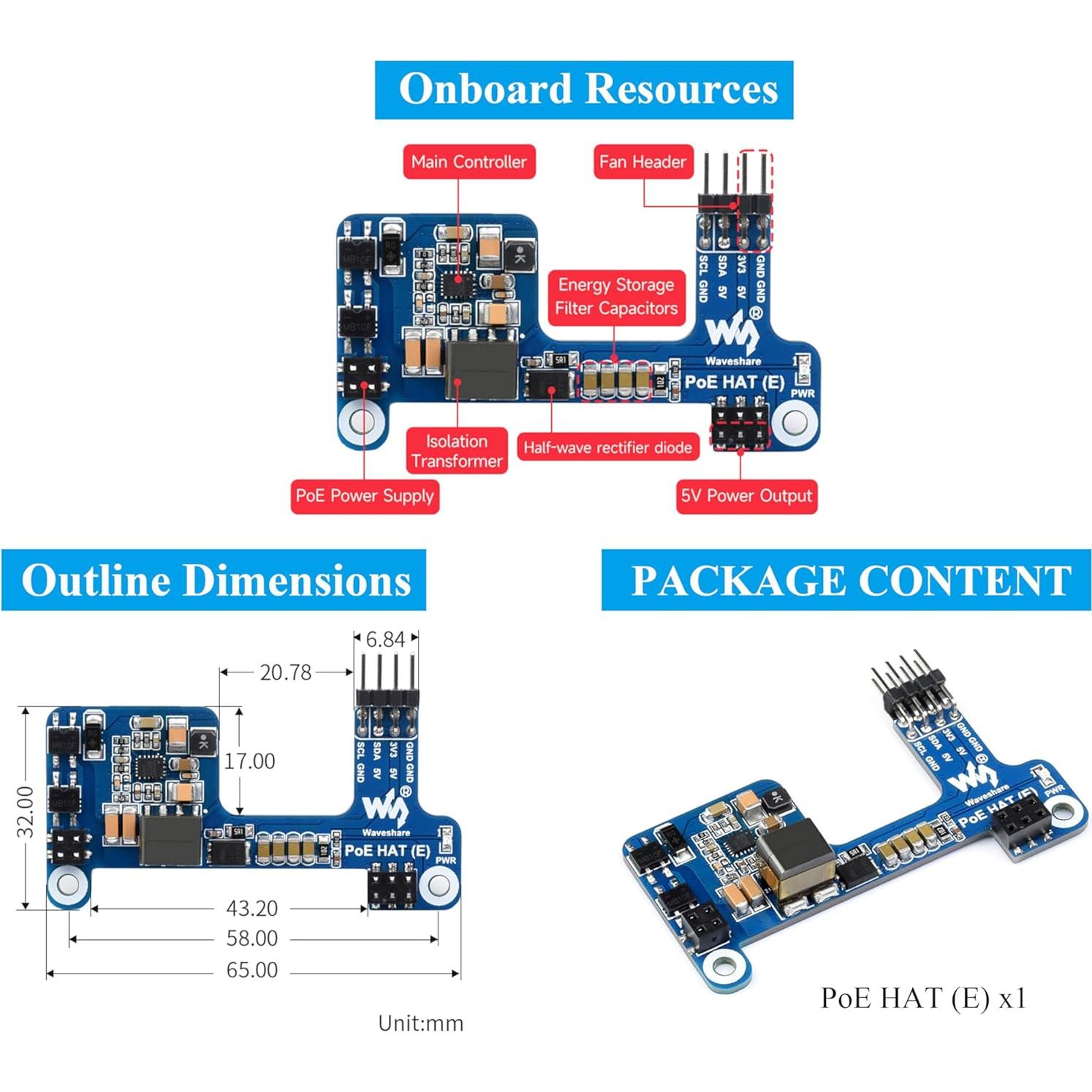 HAT PoE E Waveshare para Raspberry Pi 4B/3B+ 802.3af