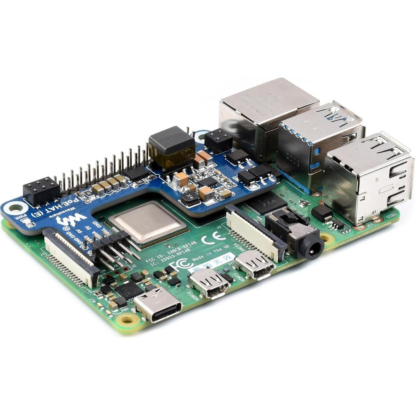 HAT PoE E Waveshare para Raspberry Pi 4B/3B+ 802.3af
