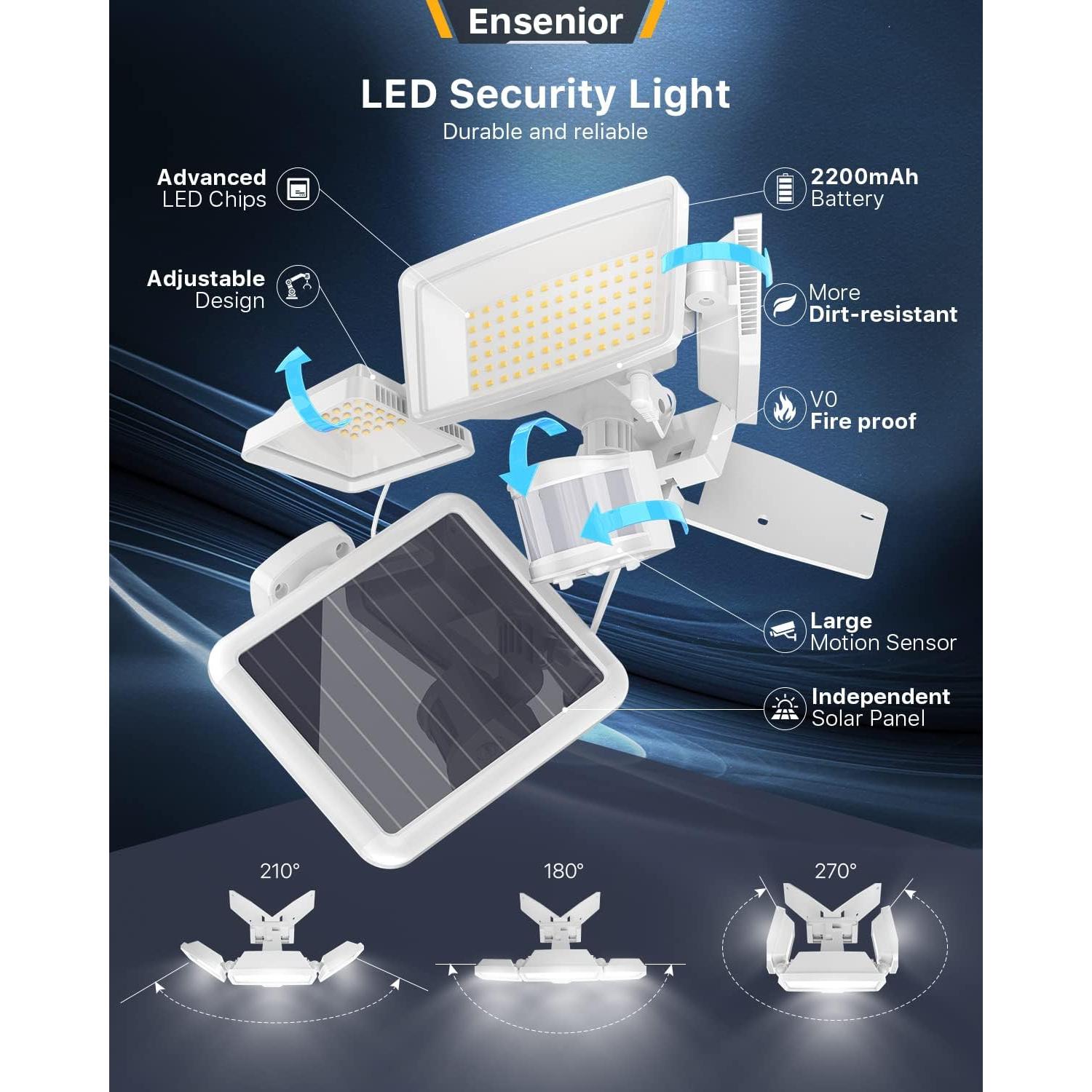 Luz de Seguridad Solar Ensenior 3 Cabezas 1800LM IP65
