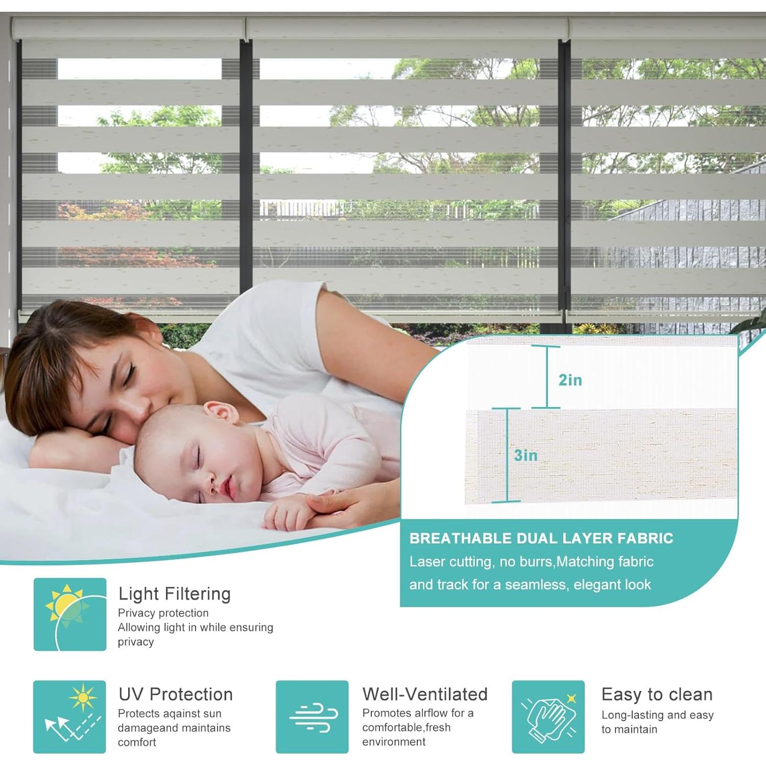 Changshade Cordless Zebra Shades for Windows Pull Down Roller Window Blinds Dual Layer Light Filtering Privacy for Day and Night,Free-Stop Door Shades for Home Easy to Install,46" W×72" H,Beige