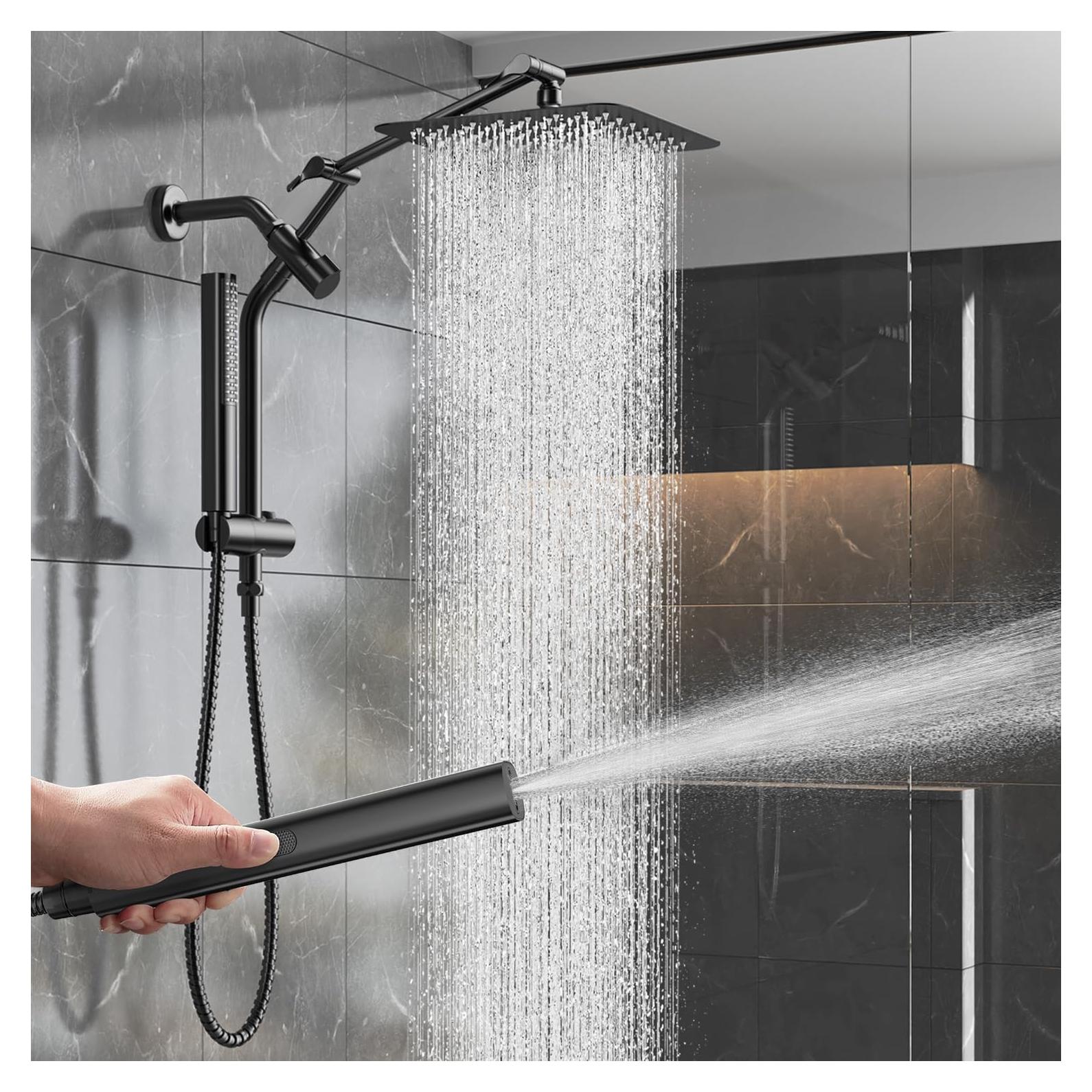 Cabezal de Ducha Veken 10" Cuadrado Negro Mate con Ducha de Mano