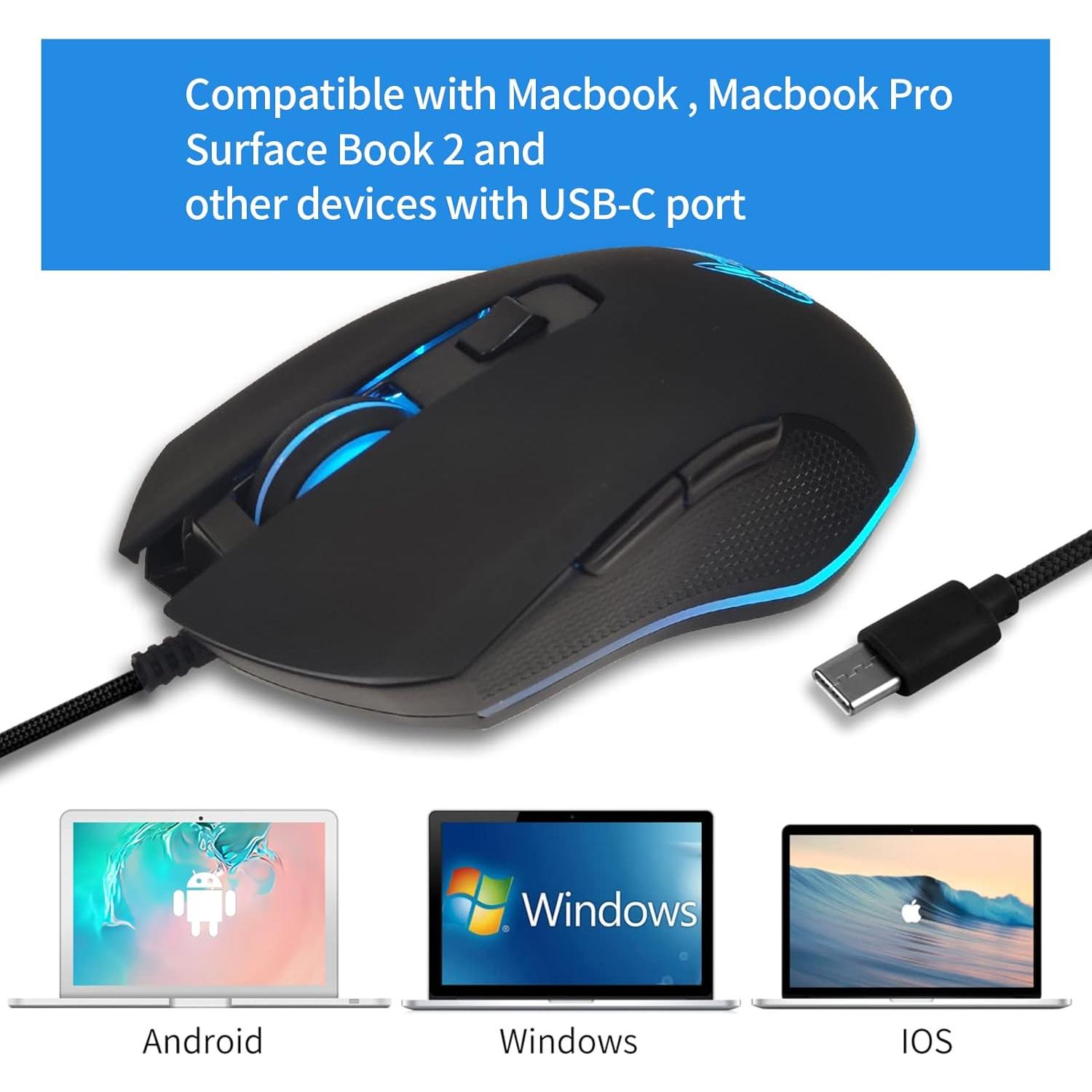 Ratón Óptico USB Tipo C IULONEE Ergonómico 2400 DPI LED Negro