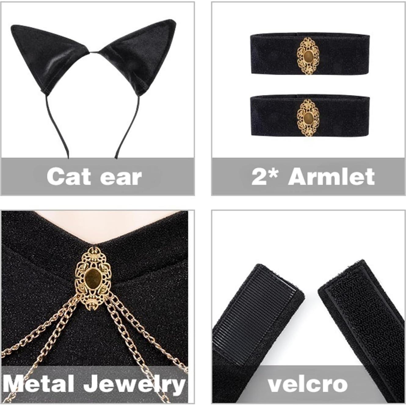 Conjunto de Disfraces de Cosplay Mujer Gato Negro Lencería