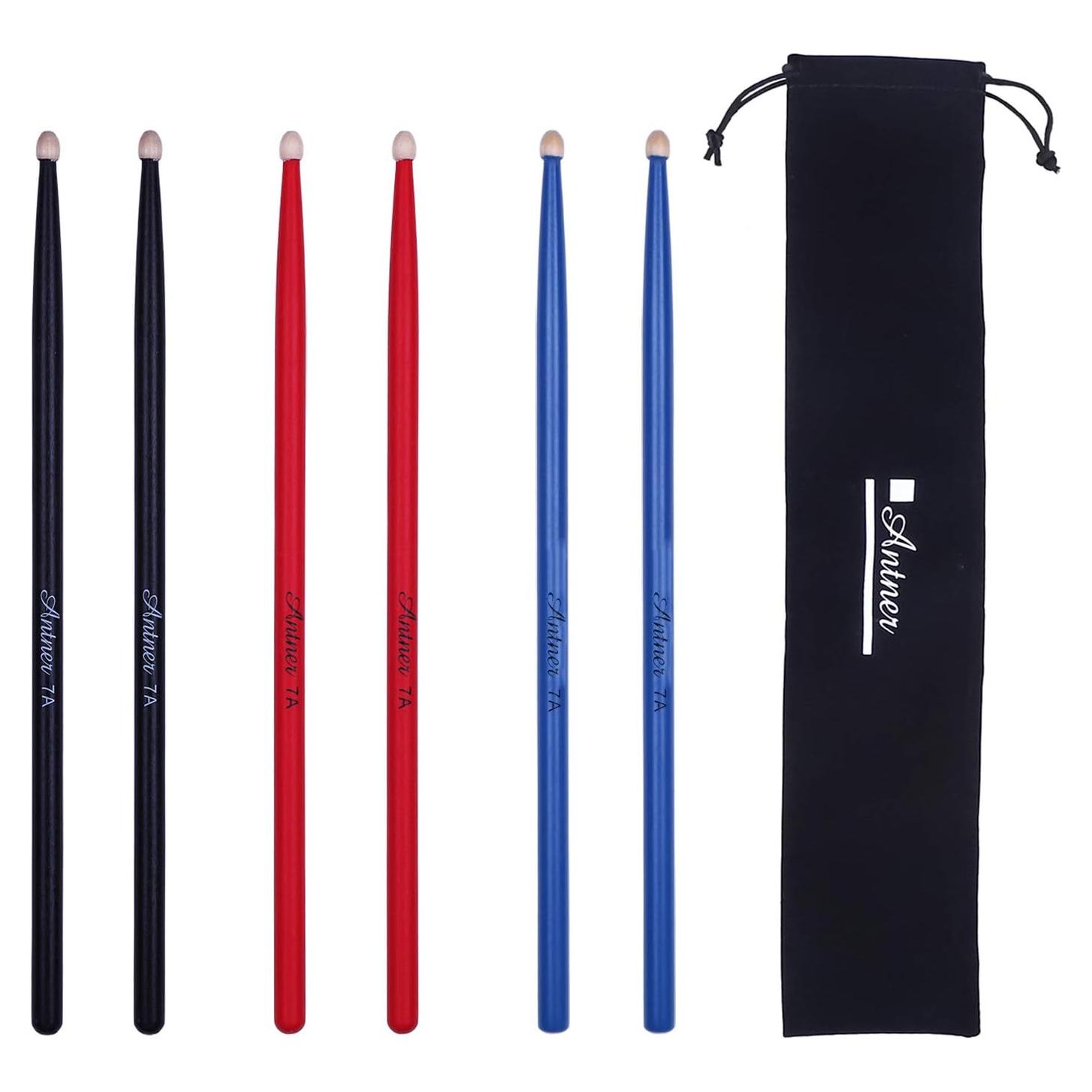 Antner 3 Pares Palos de Batería 7A Madera Arce Negro/Rojo/Azul