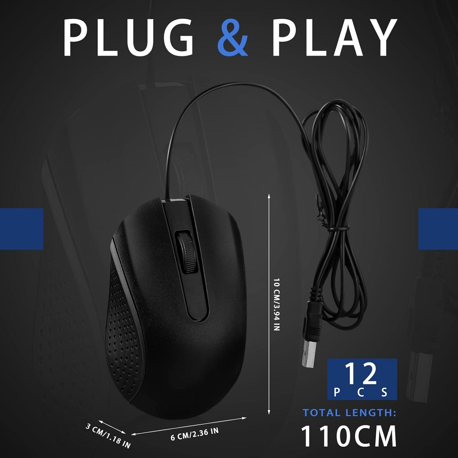 Hoteam Ratón de Computadora con Cable USB Ergonómico Negro - 12 Pcs