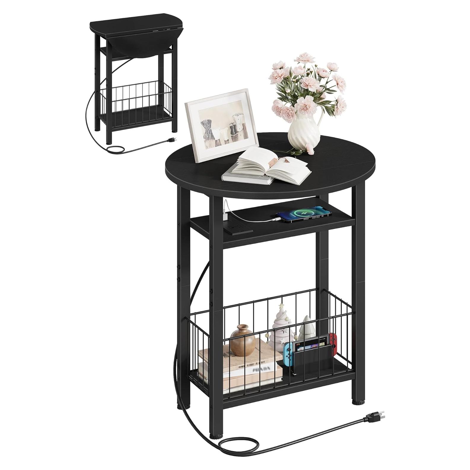 Mesa Lateral Plegable CHOEZON Slim con Carga USB, Negra