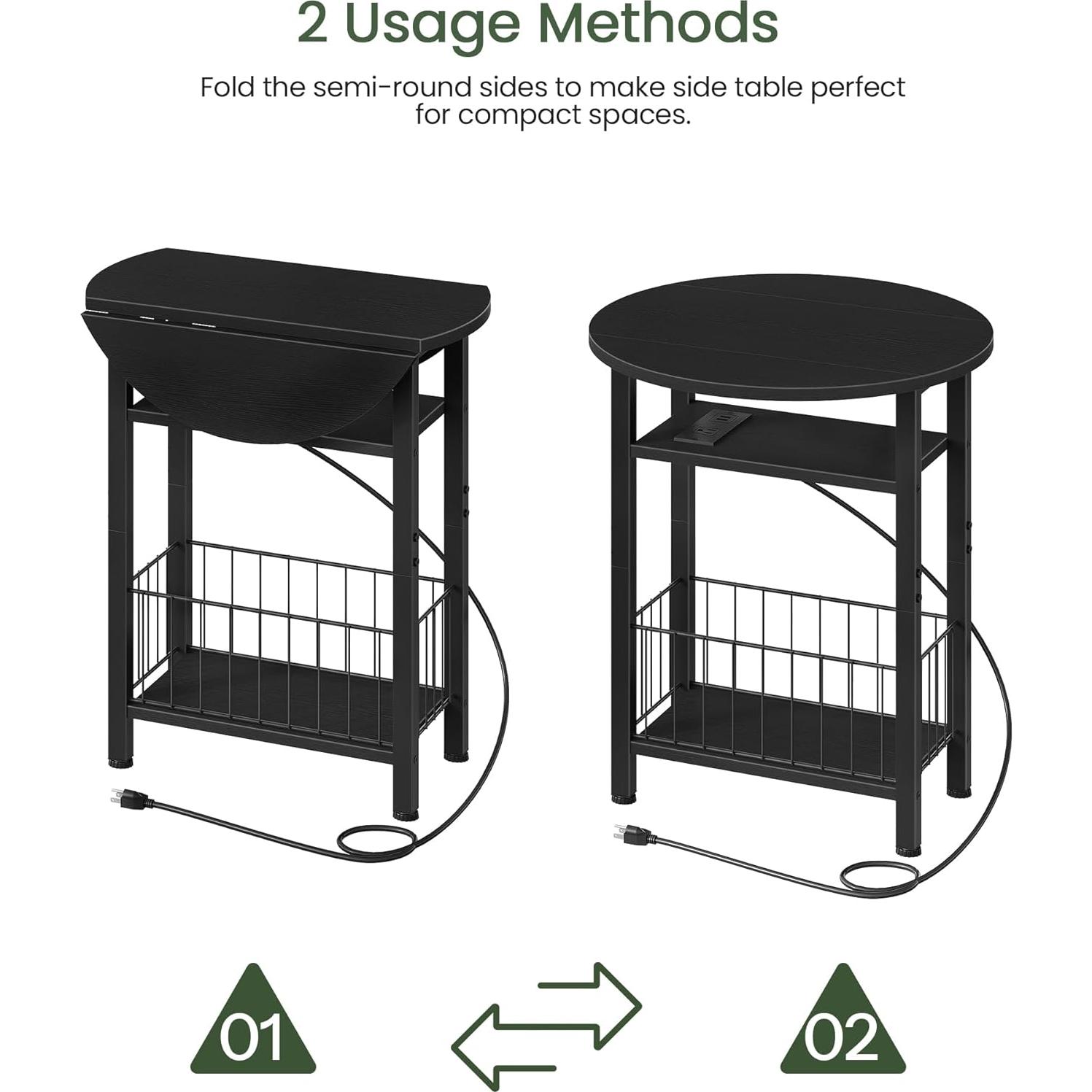 Mesa Lateral Plegable CHOEZON Slim con Carga USB, Negra