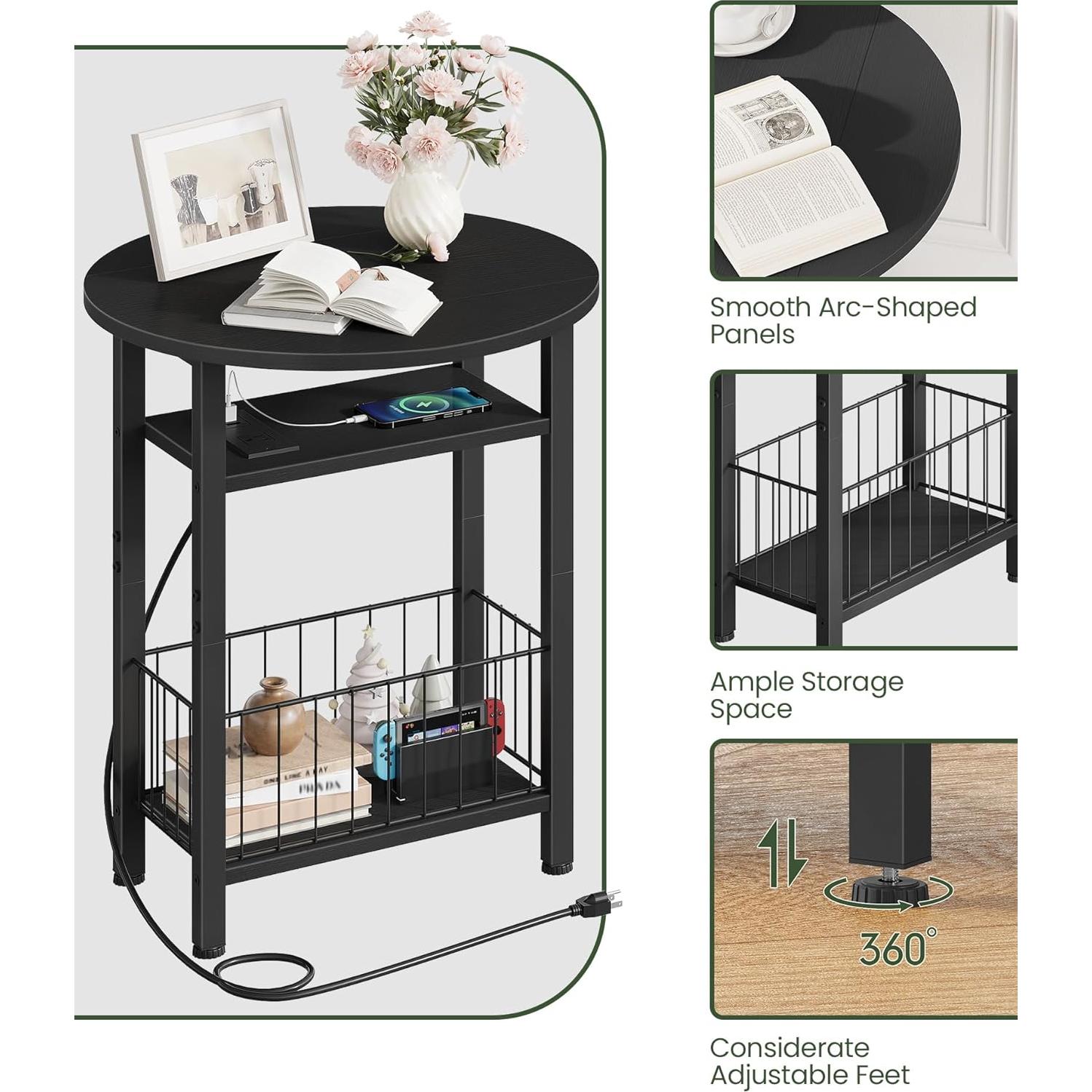 Mesa Lateral Plegable CHOEZON Slim con Carga USB, Negra