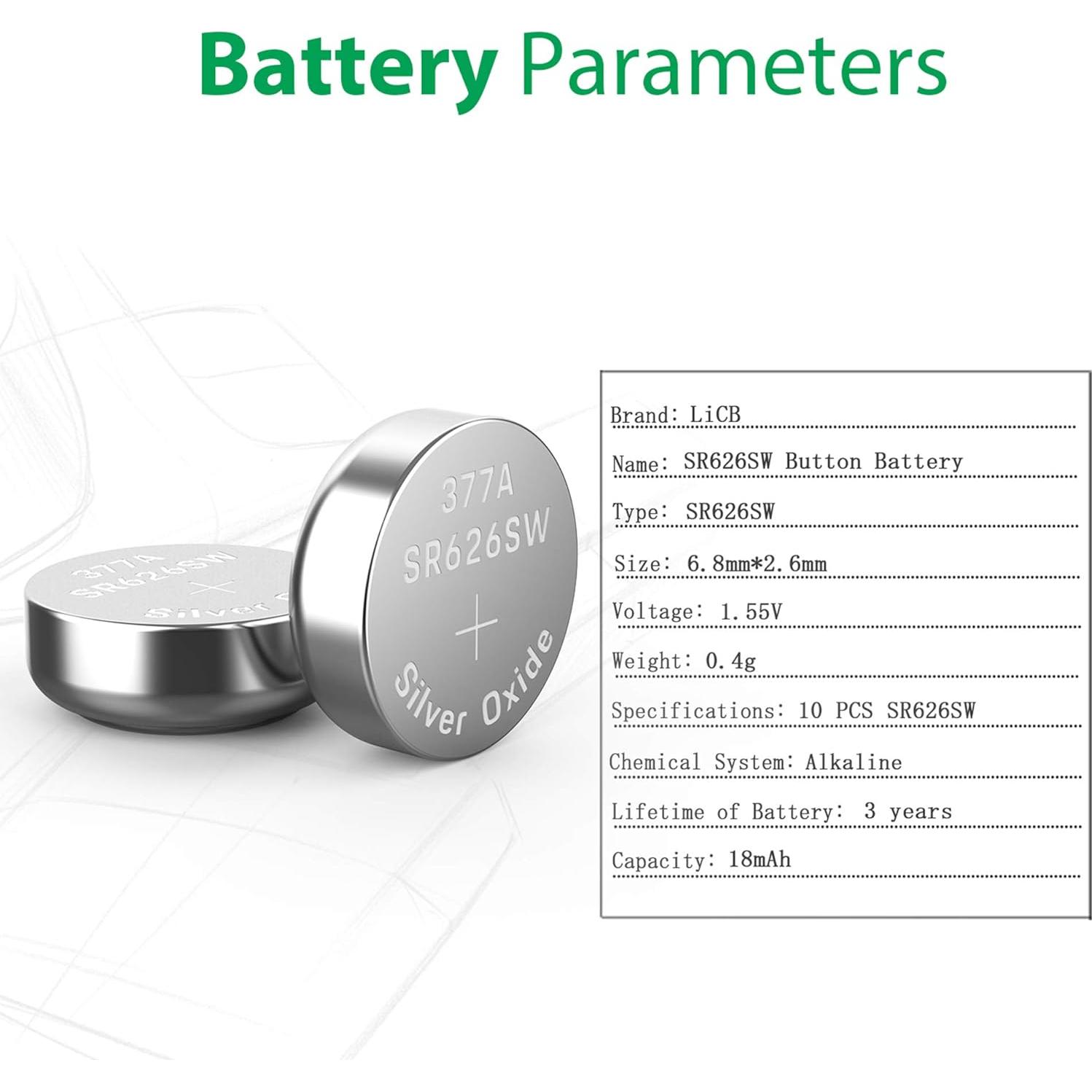 Paquete de 10 Baterías de Reloj LiCB SR626SW 1.55V Duraderas
