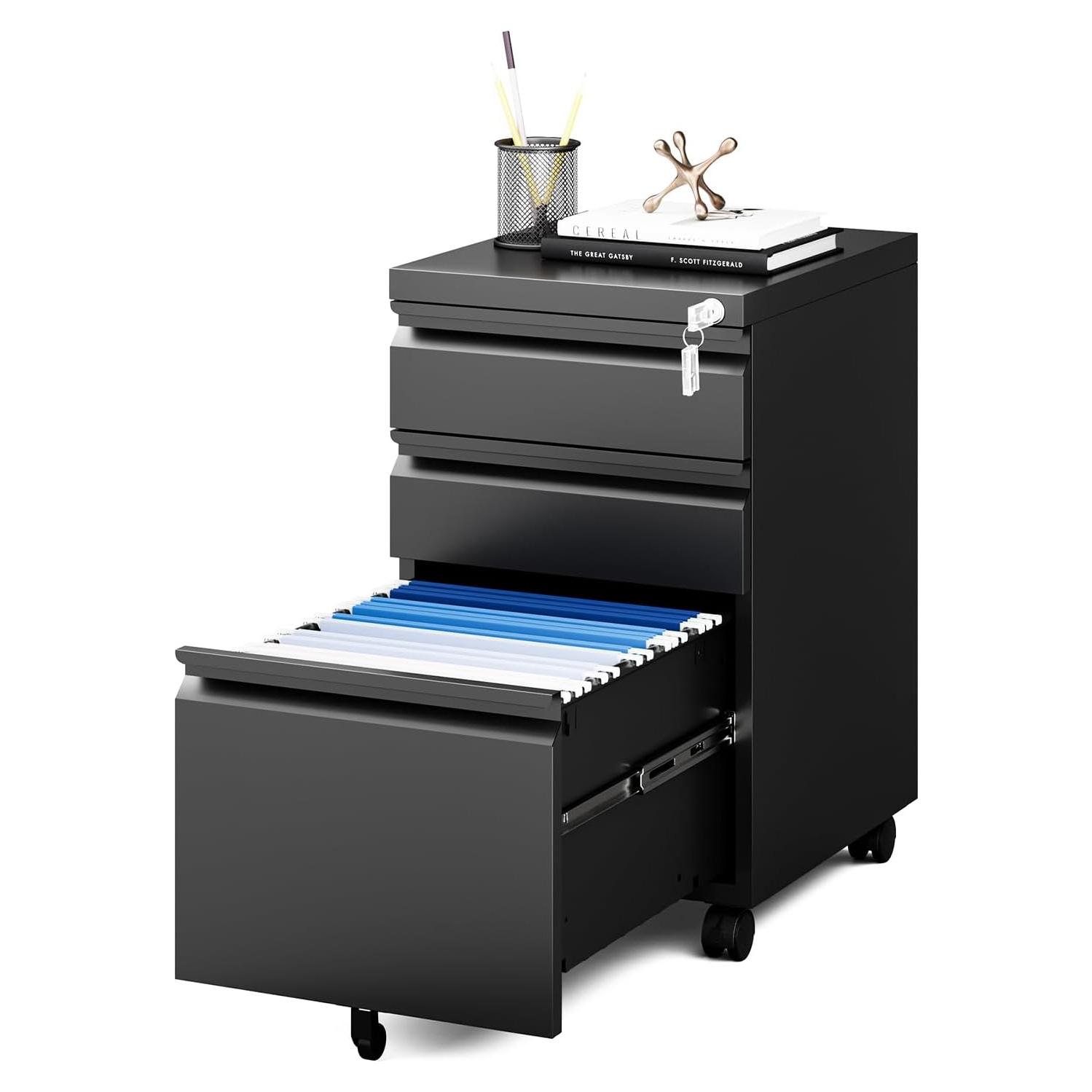 Archivador MIIIKO de 3 Cajones con Ruedas y Cerradura Negro