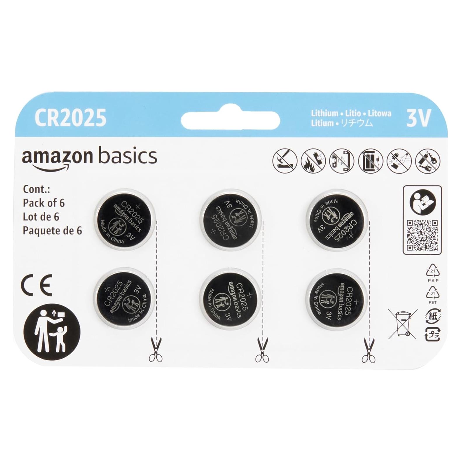 Baterías de Botón Amazon Basics CR2025 Paquete de 6 3V