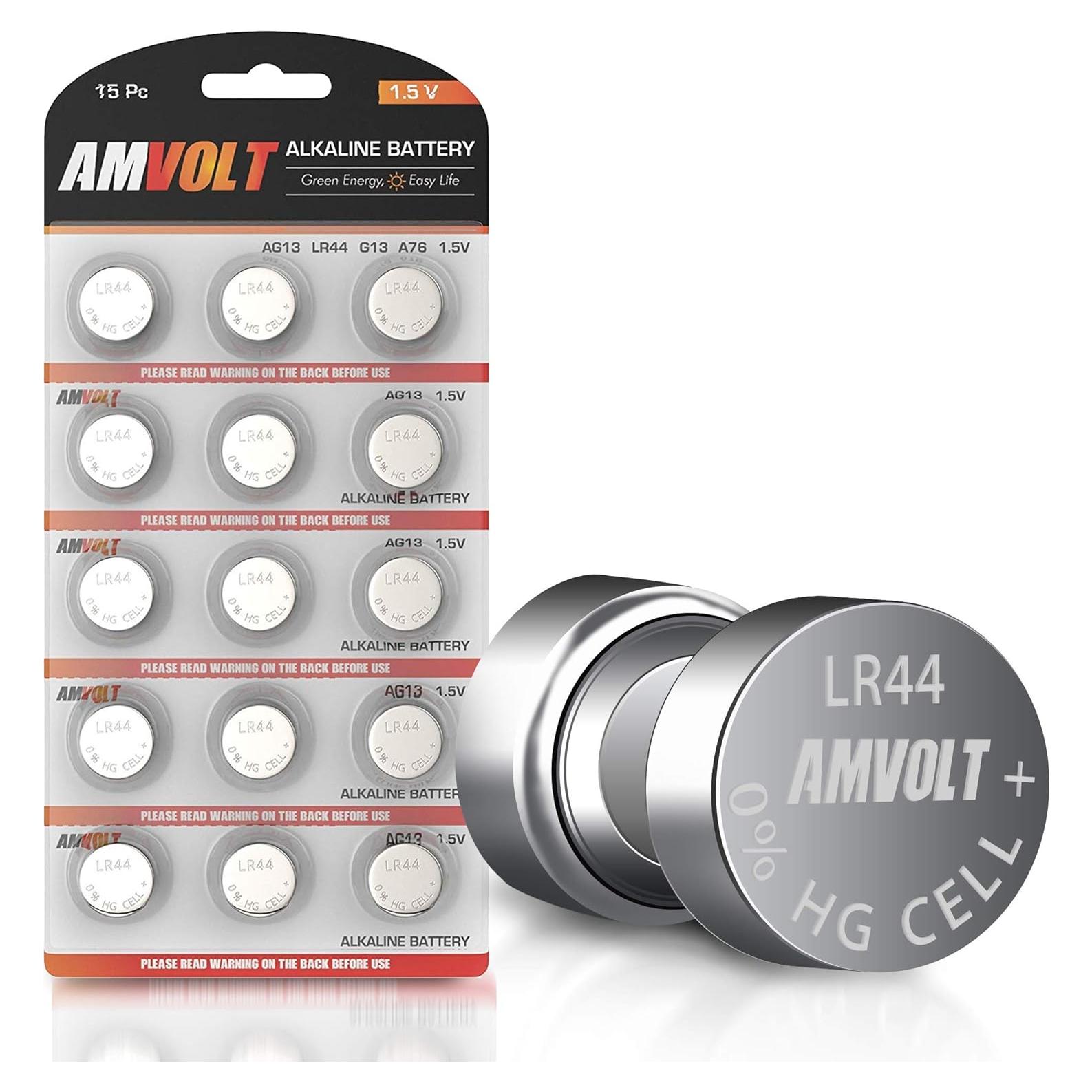 Baterías Alcalinas LR44 AmVolt - Paquete de 15 Unidades 1.5V