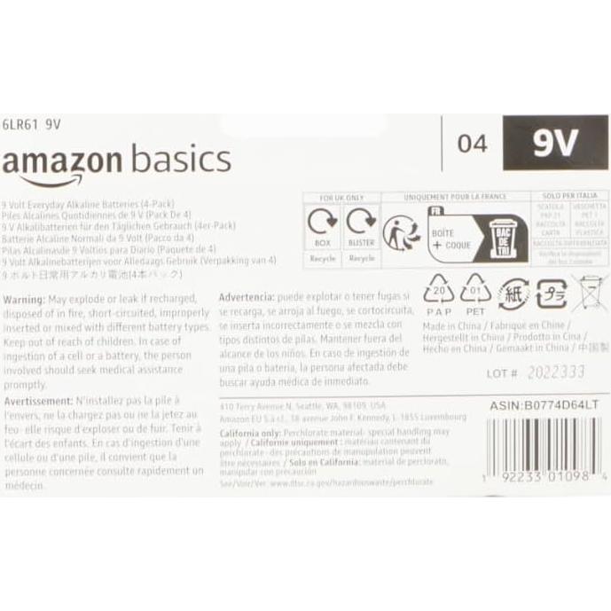 Baterías Alcalinas 9V Amazon Basics Paquete de 4 Unidades