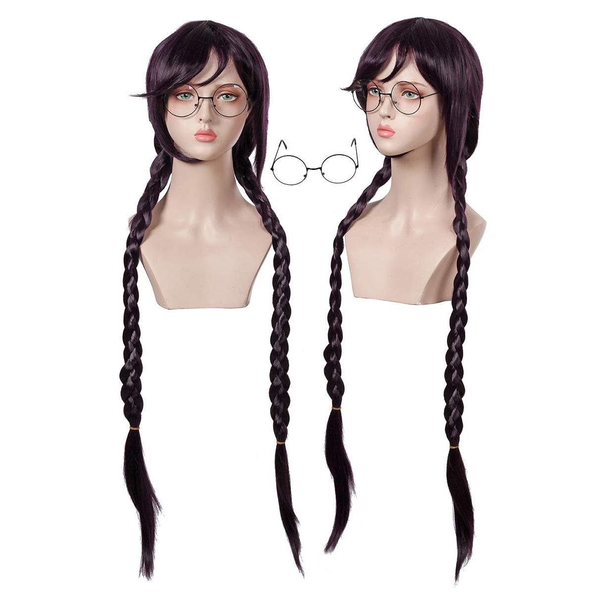 Peluca trenzada larga morada ColorGround con gafas Halloween