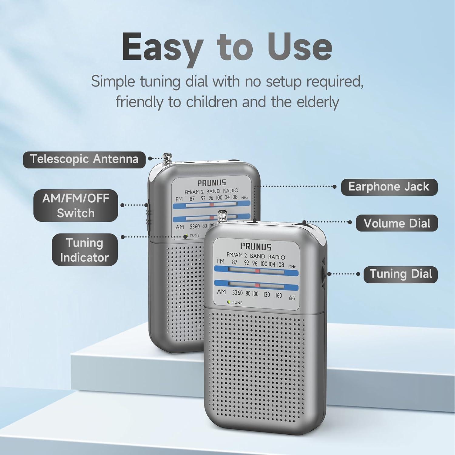 Radio Portátil AM FM PRUNUS DE333 Compacta con Excelente Recepción