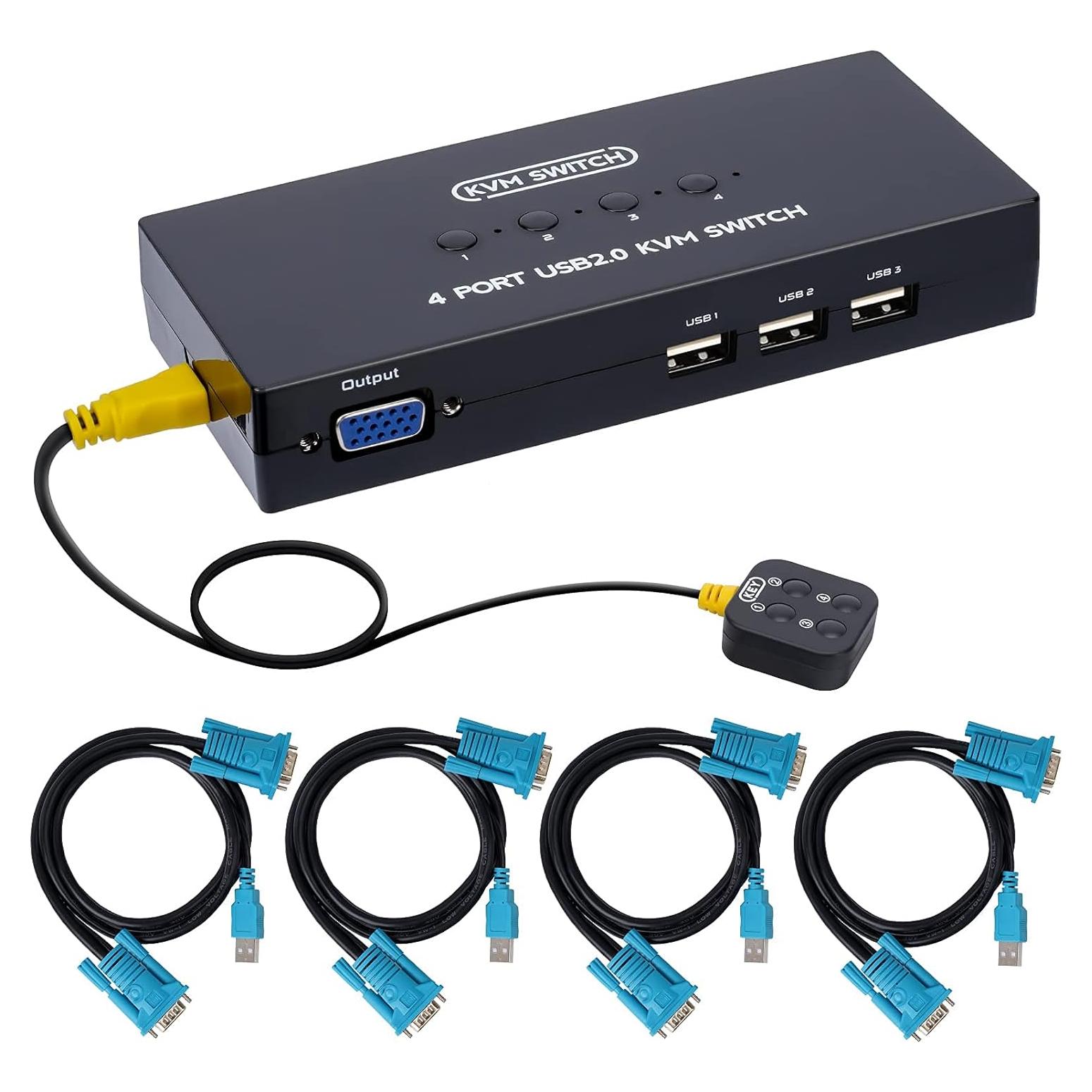 Conmutador KVM VGA USB 4 Puertos DGODRT con Cables Incluidos