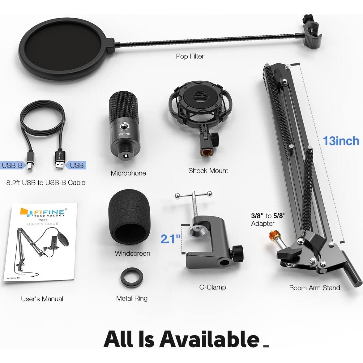 Micrófono USB FIFINE T669 con Soporte y Filtro Antipop
