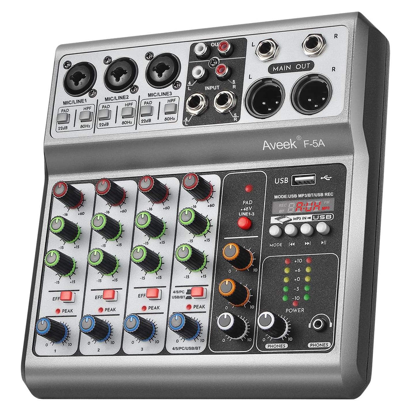 Mezclador de Audio Aveek 5 Canales USB Bluetooth Efectos