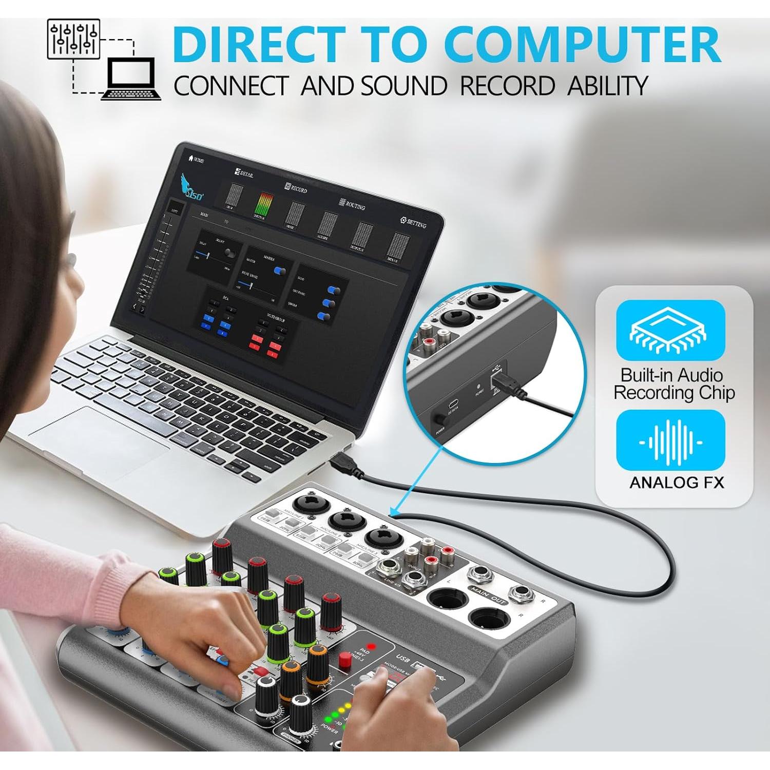 Mezclador de Audio Aveek 5 Canales USB Bluetooth Efectos