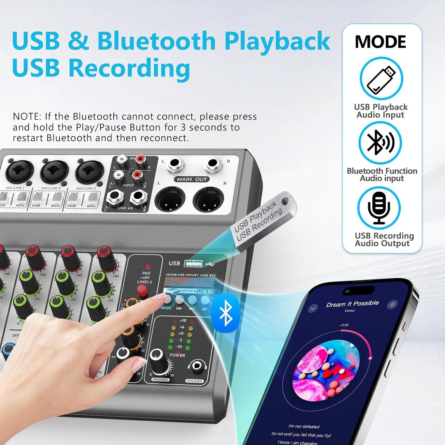 Mezclador de Audio Aveek 5 Canales USB Bluetooth Efectos
