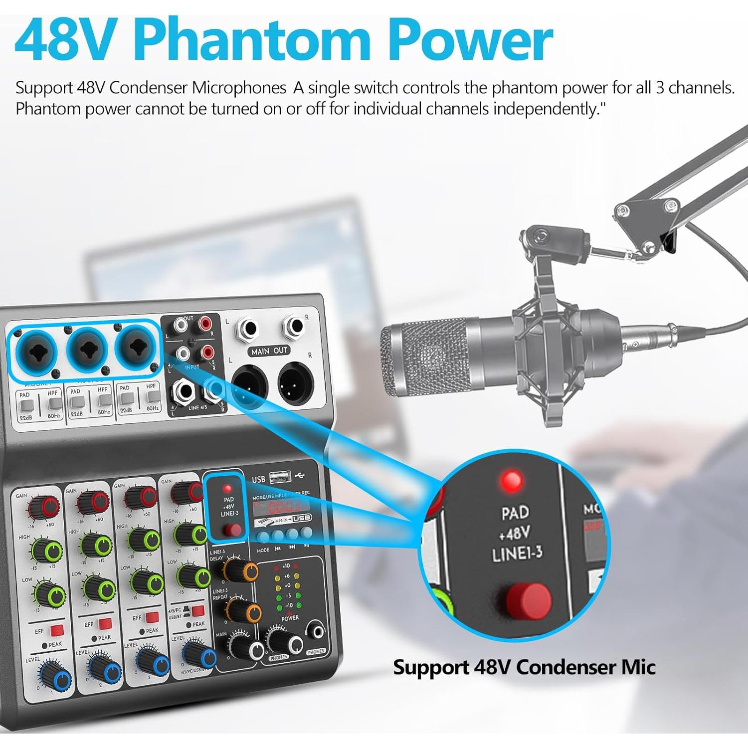 Mezclador de Audio Aveek 5 Canales USB Bluetooth Efectos