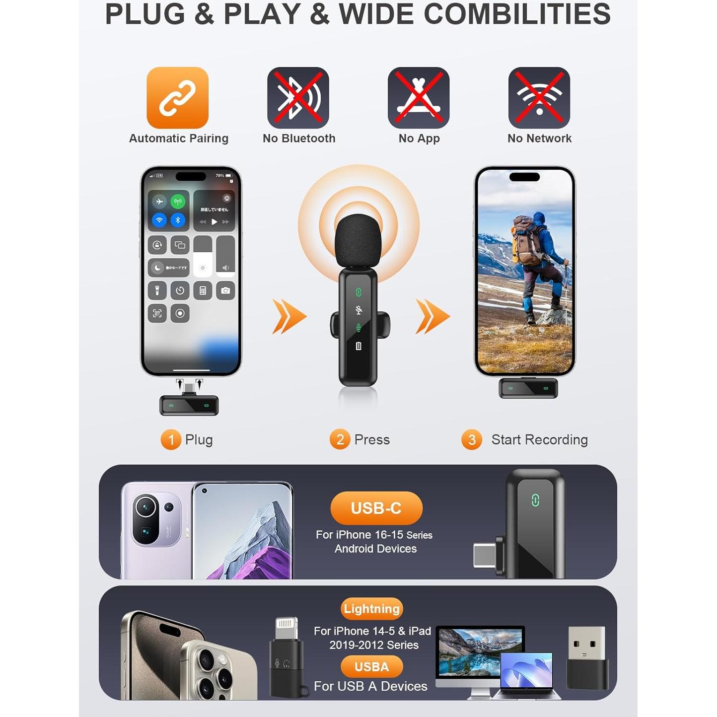 Micrófono Lavalier Inalámbrico BILIWAL USB-C para iPhone 16