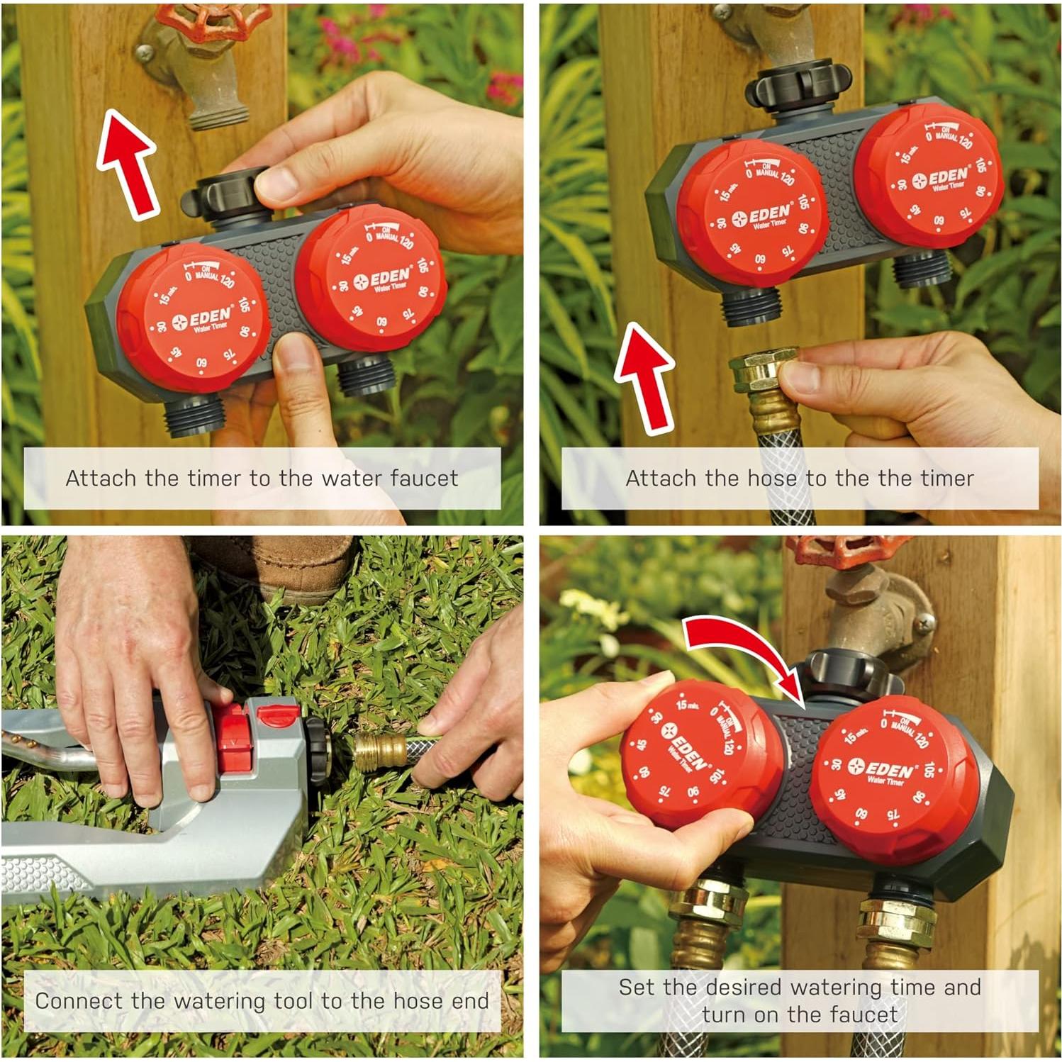 Temporizador de Riego Mecánico Eden 25124 2 Zonas Rojo Gris