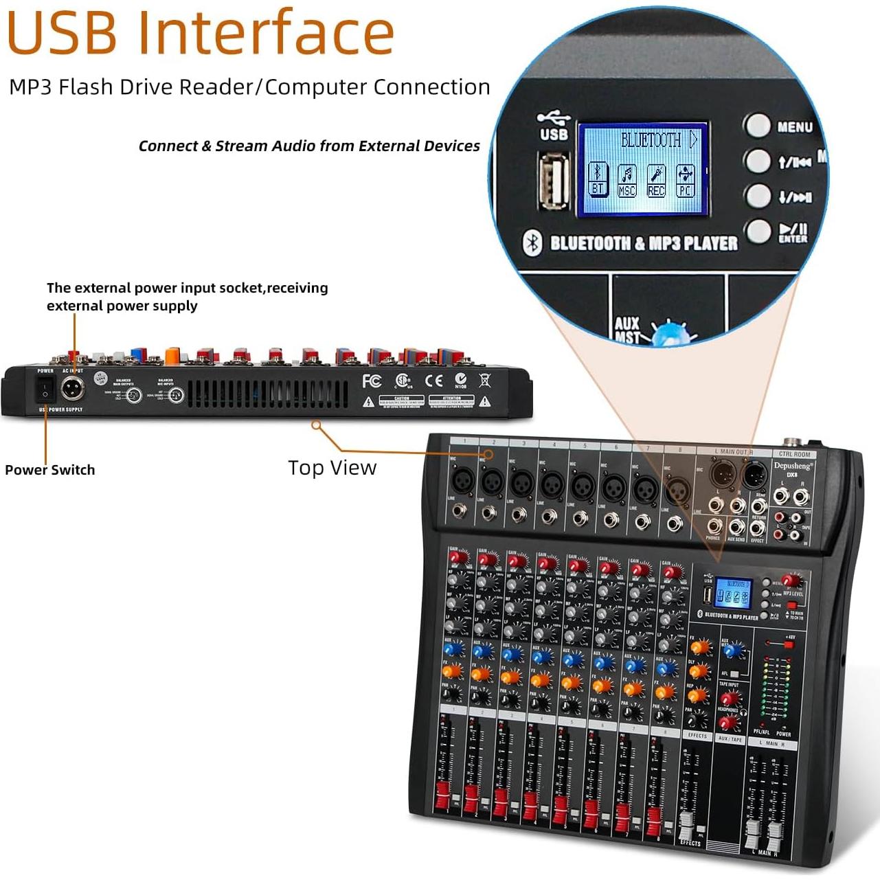 Mezclador de Audio Depusheng DX8 8 Canales USB Bluetooth