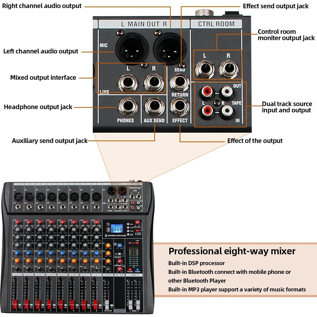 Mezclador de Audio Depusheng DX8 8 Canales USB Bluetooth