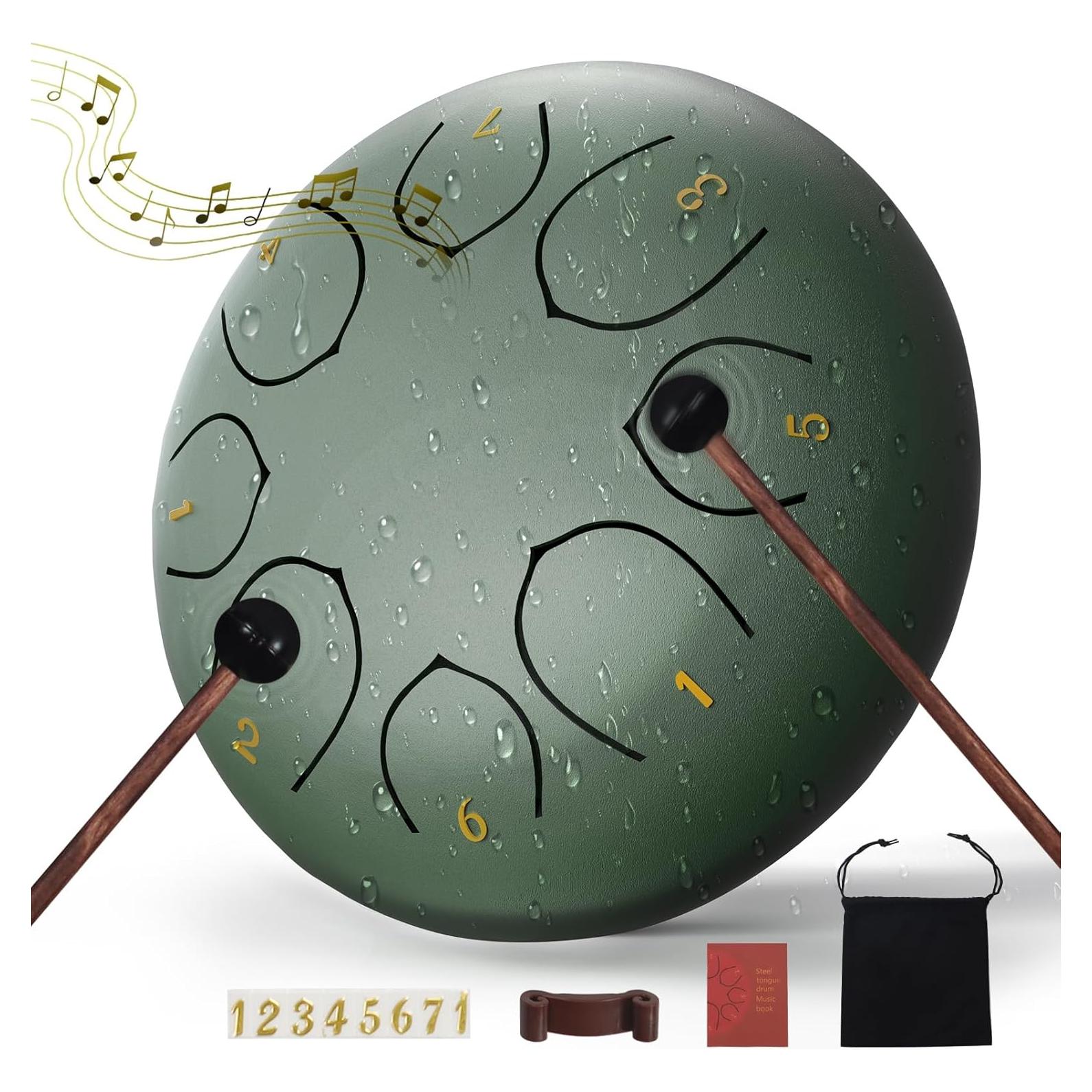 Tambor de Lengua de Acero Verde 6" 8 Notas con Mazos y Bolsa