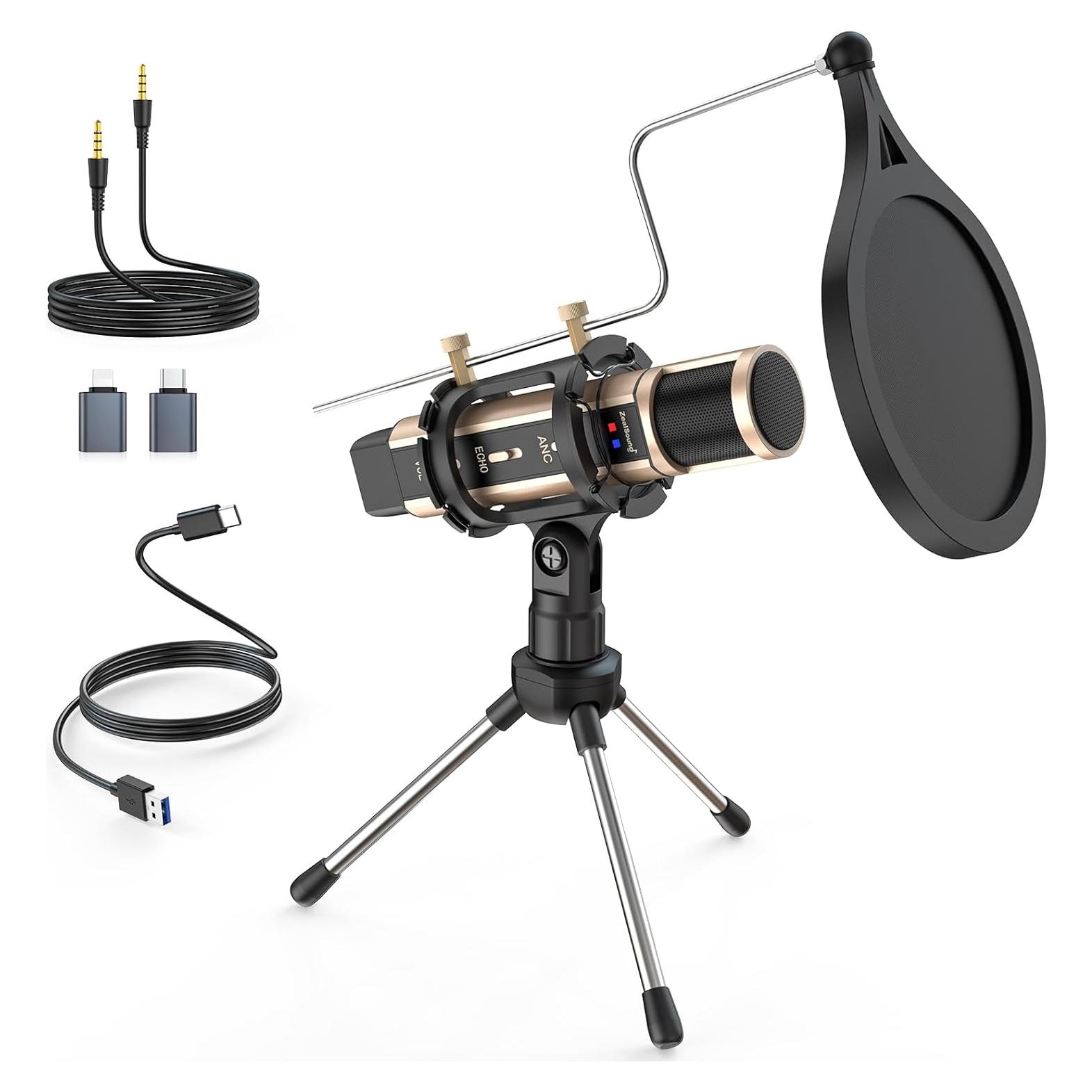 Micrófono de Estudio ZealSound K08U Oro con Soporte y USB