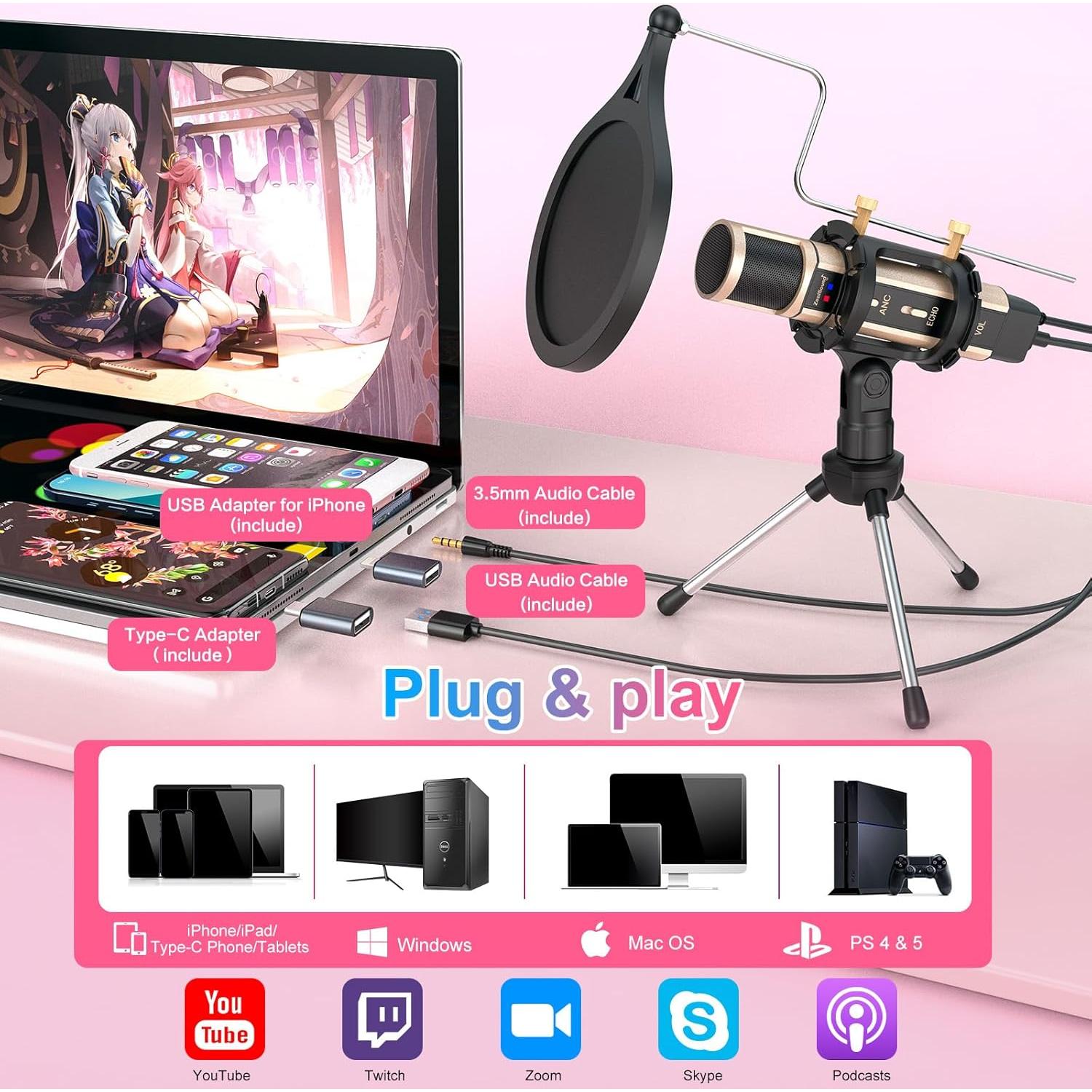 Micrófono de Estudio ZealSound K08U Oro con Soporte y USB