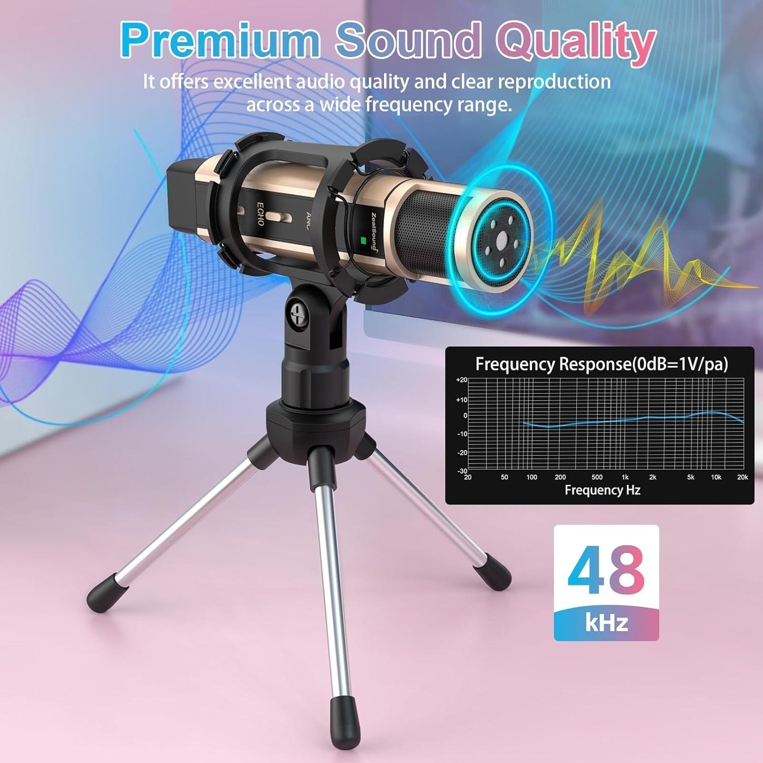 Micrófono de Estudio ZealSound K08U Oro con Soporte y USB