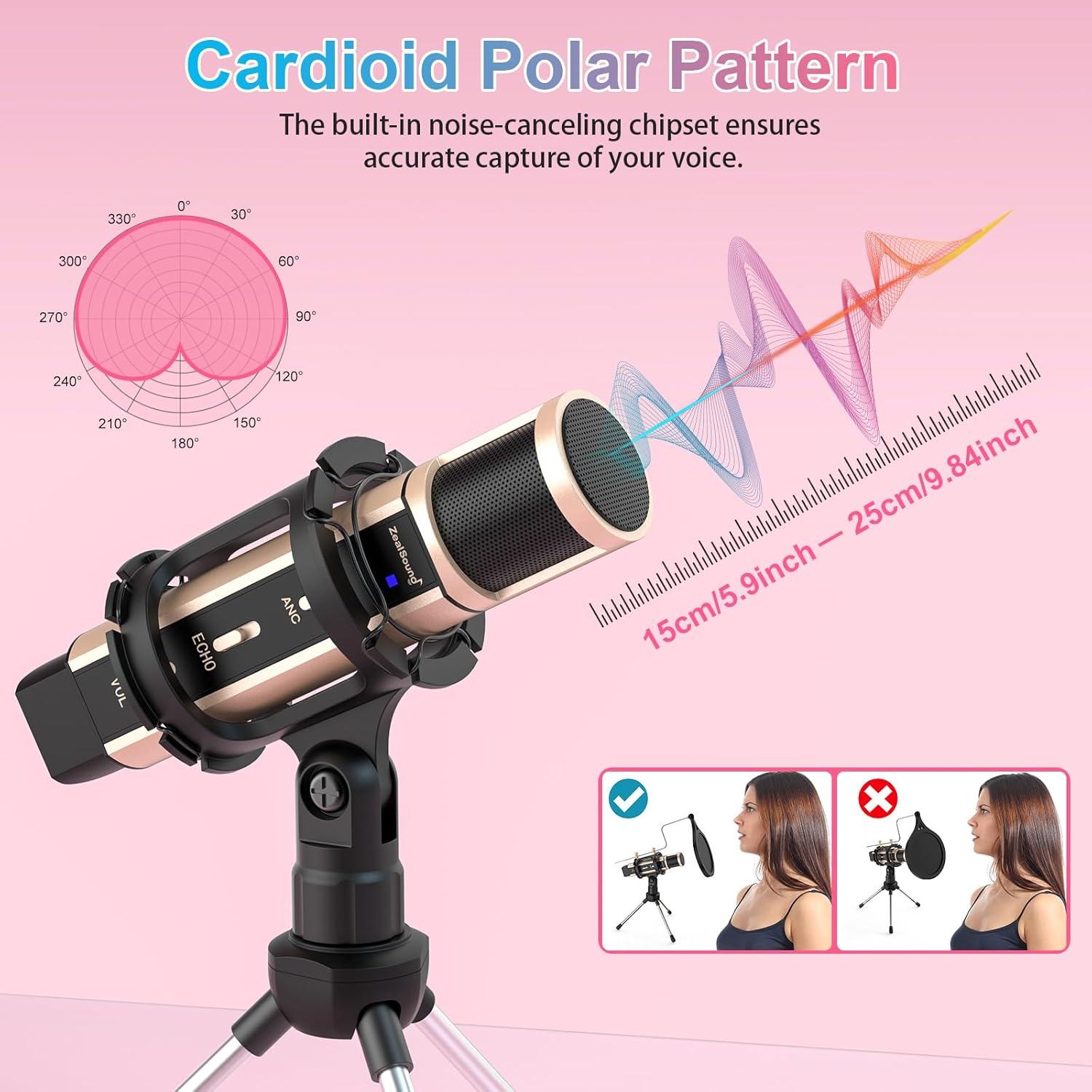 Micrófono de Estudio ZealSound K08U Oro con Soporte y USB