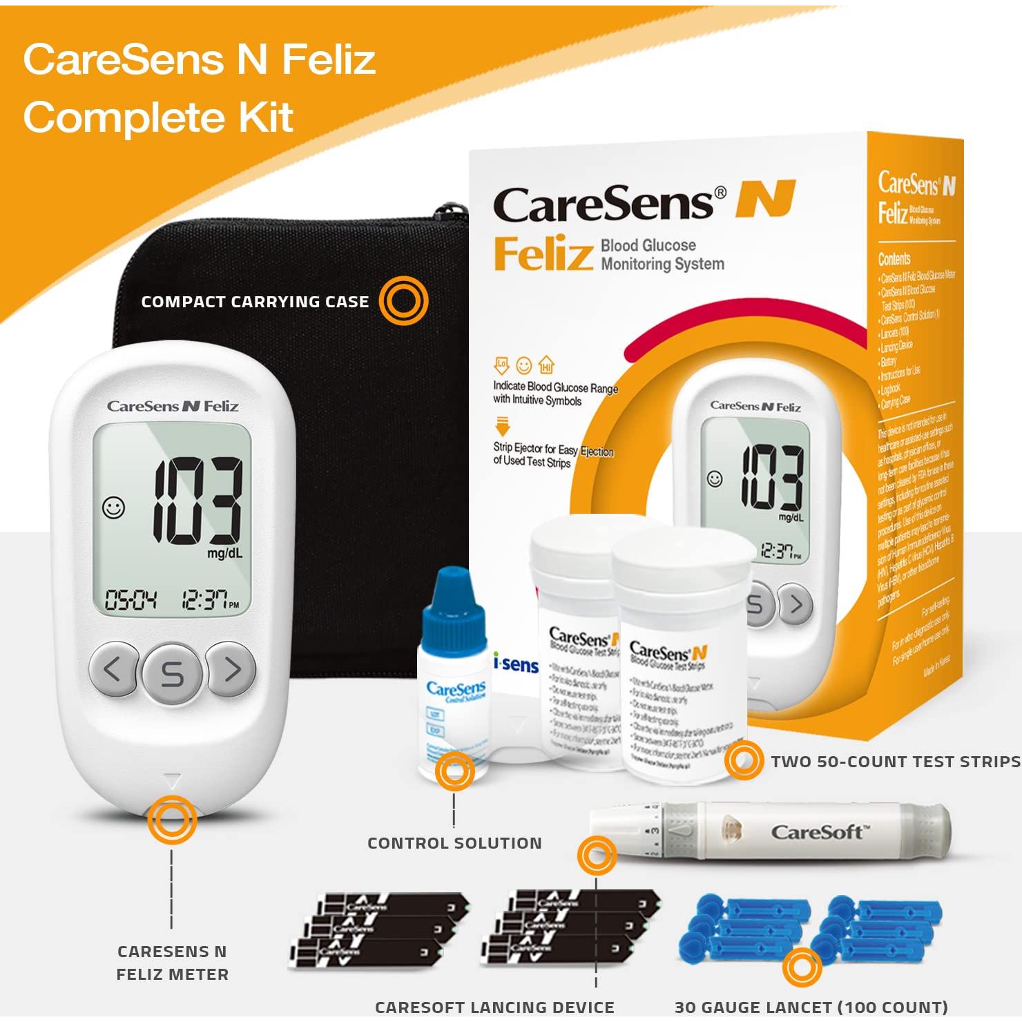 Kit de Monitoreo de Glucosa CareSens N Feliz con 100 Tiras y Lancetas