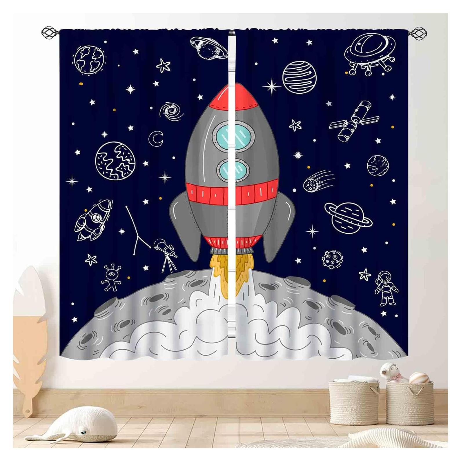 Cortinas Opacas TKUYO para Niños Cohete Galaxia 2 Paneles 53x114 cm