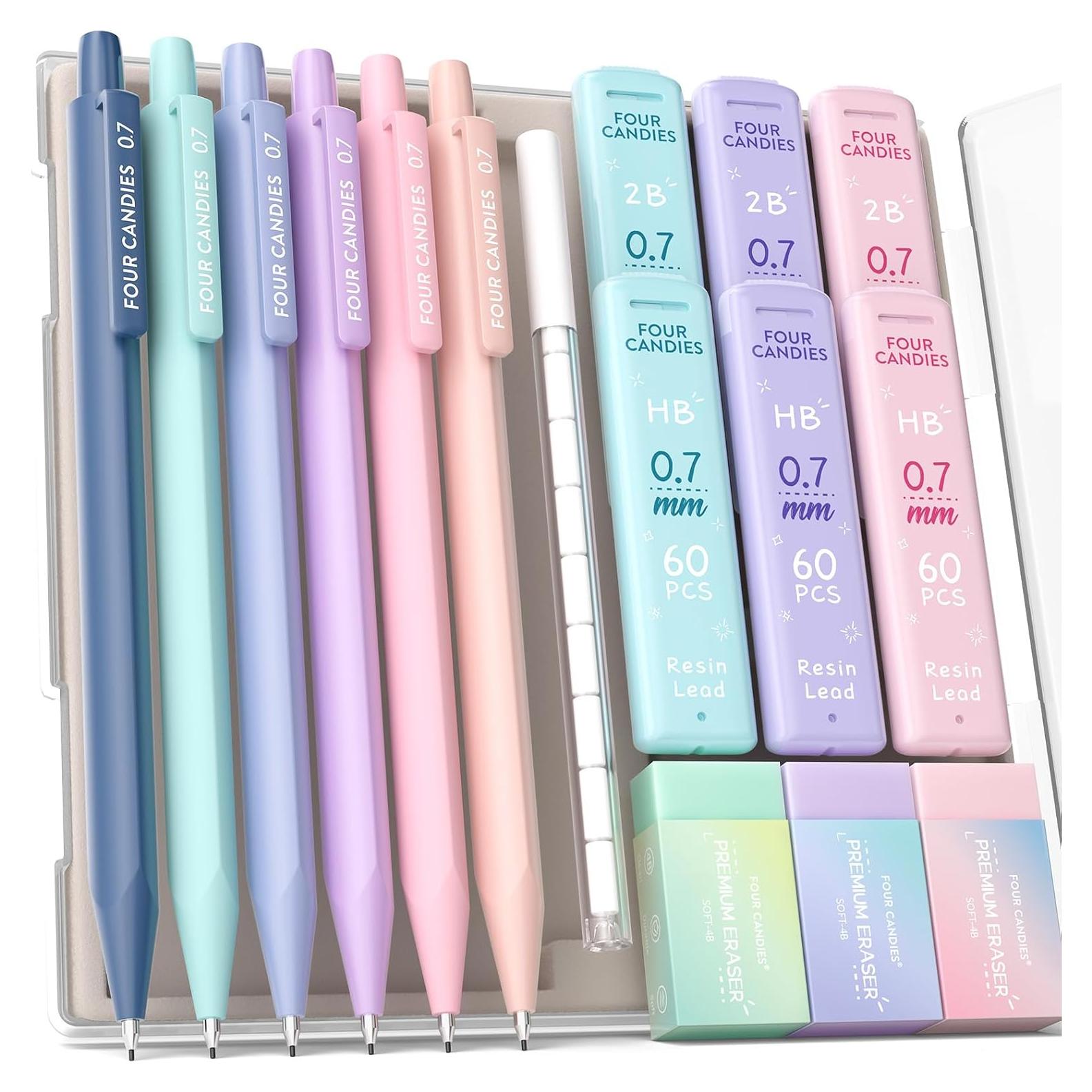 Lápices Mecánicos Four Candies 0.7mm + Borradores Pastel