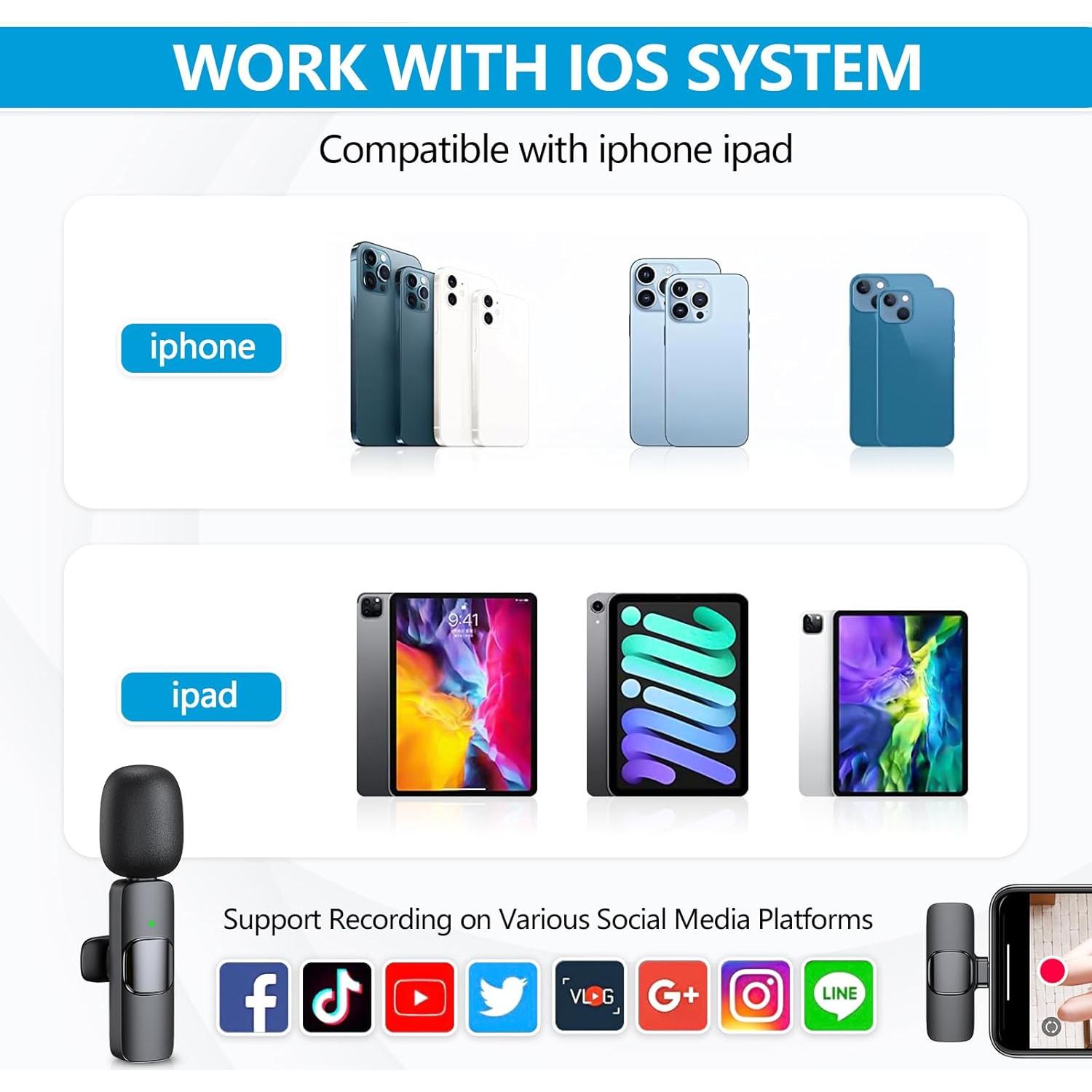 Micrófono Inalámbrico RICCHI K1 para iPhone y iPad, 2 Pack