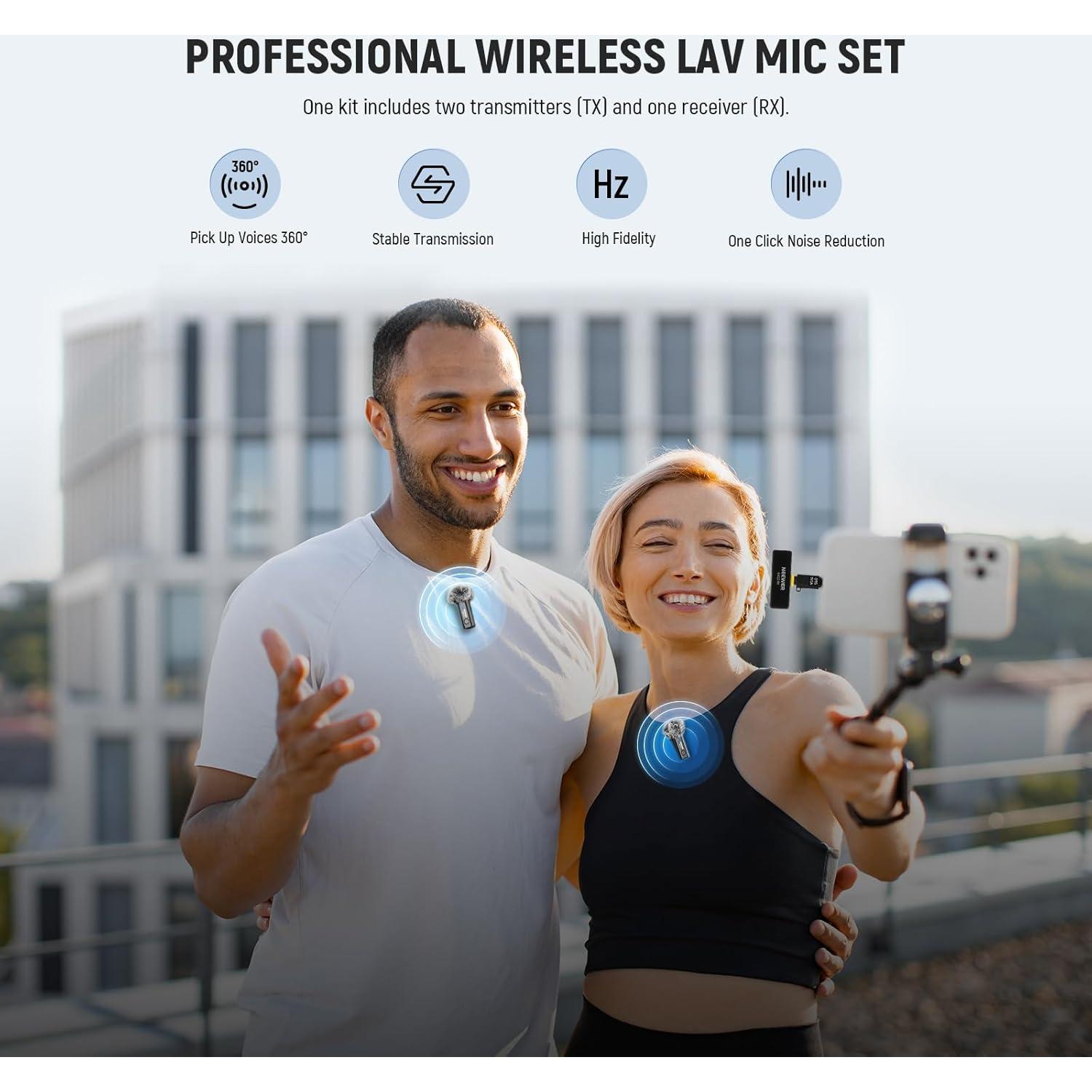 Micrófono Lavalier Inalámbrico NEEWER KM23 40m Rango 2 Transmisores