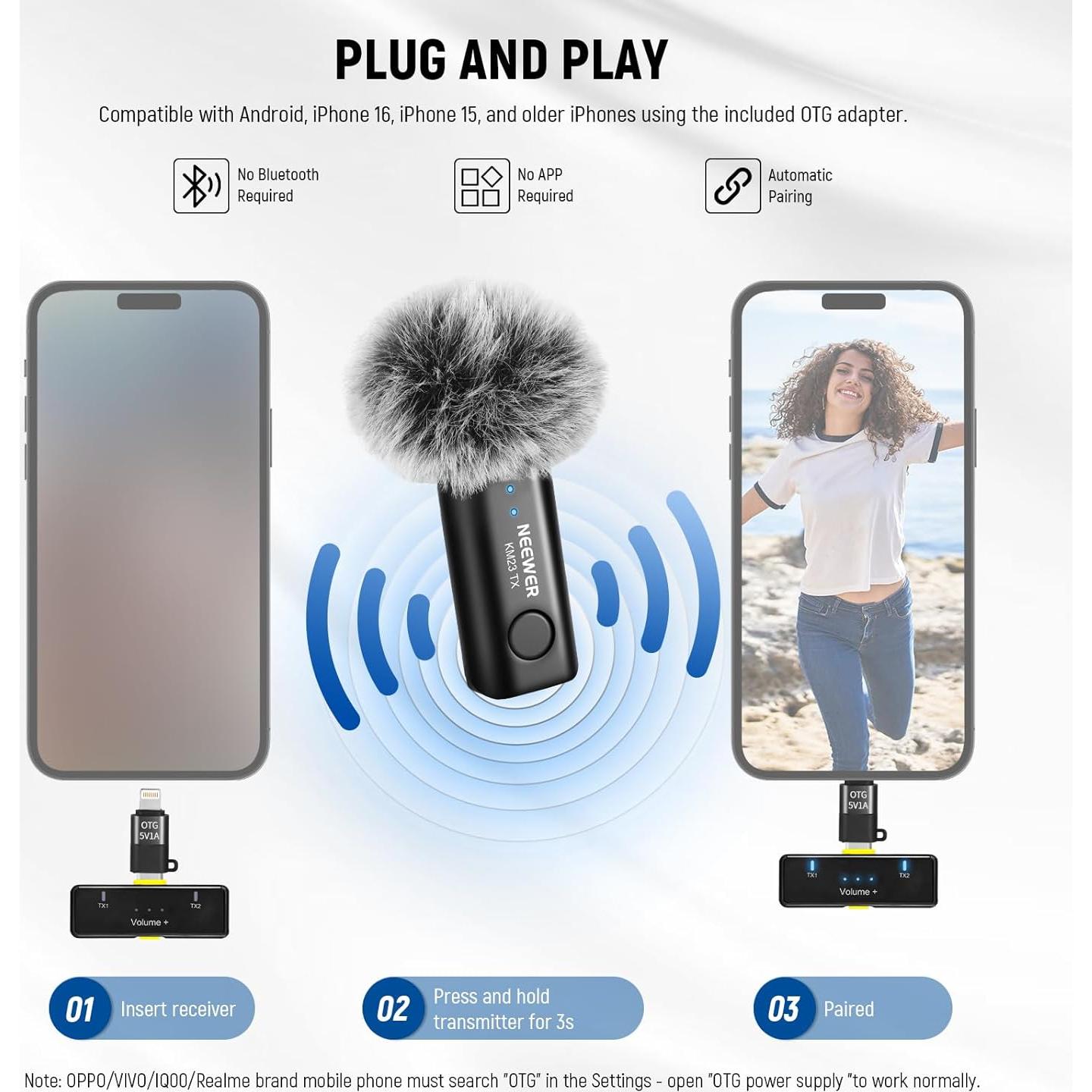 Micrófono Lavalier Inalámbrico NEEWER KM23 40m Rango 2 Transmisores