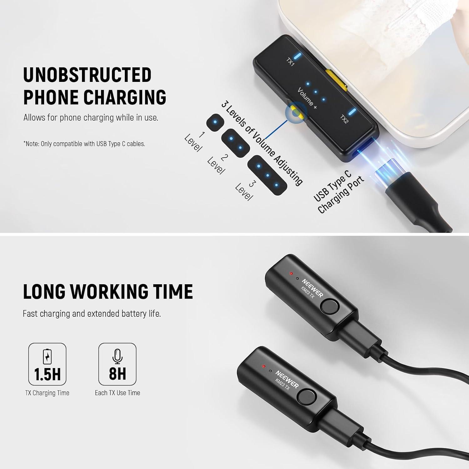 Micrófono Lavalier Inalámbrico NEEWER KM23 40m Rango 2 Transmisores