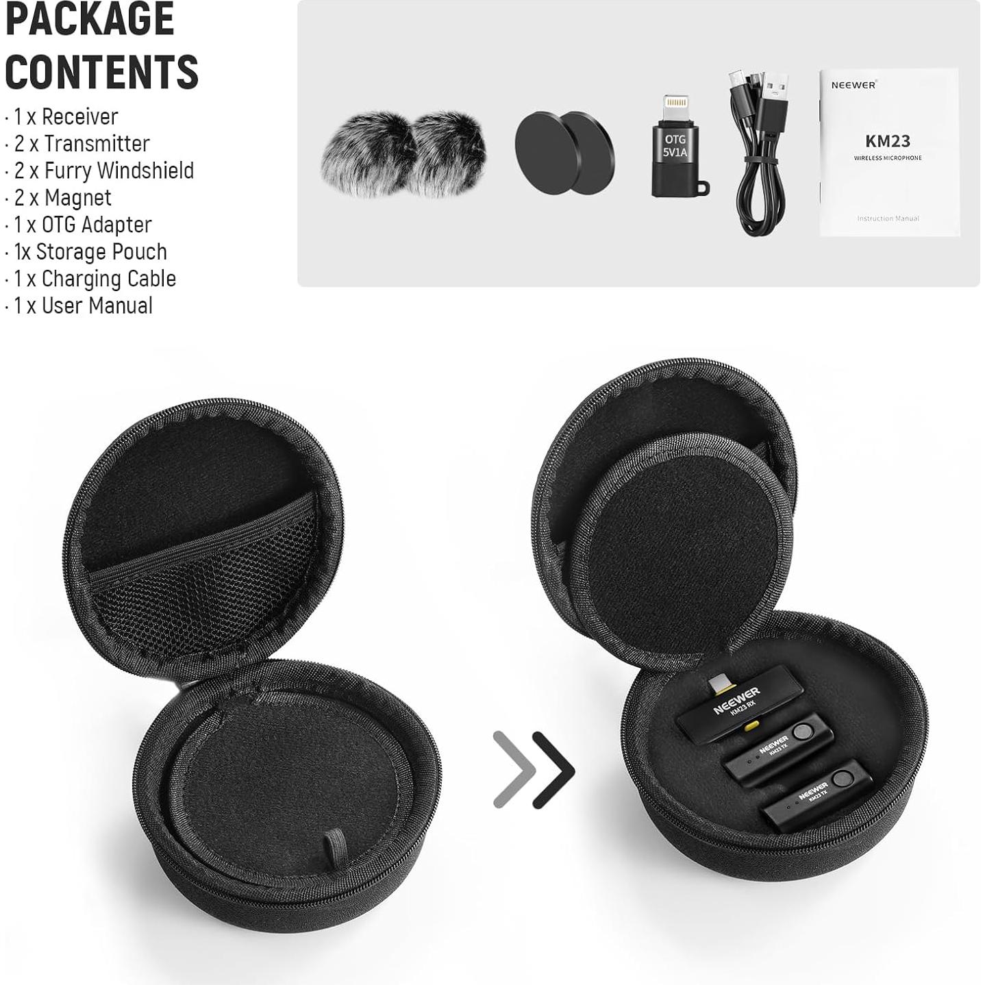 Micrófono Lavalier Inalámbrico NEEWER KM23 40m Rango 2 Transmisores